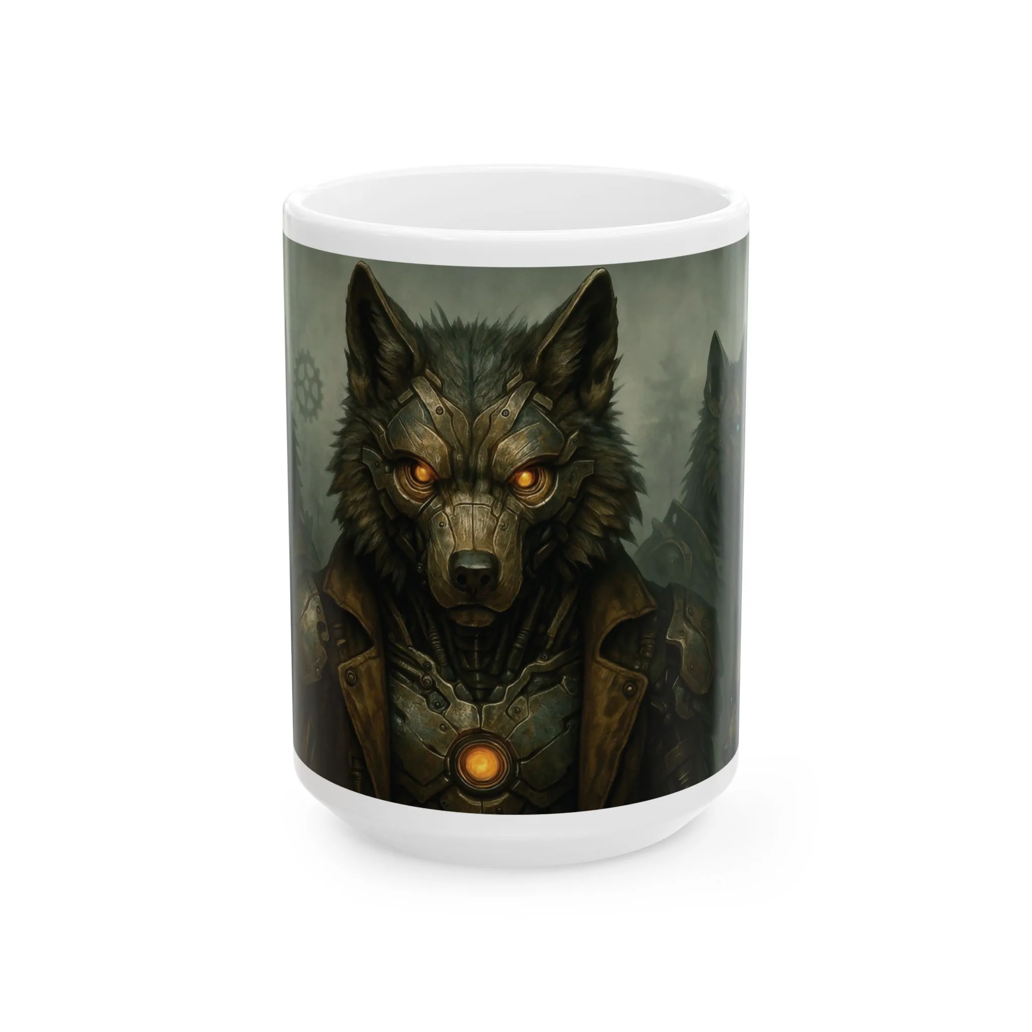 Mug (15oz),Steampunk Wolf Mug, Mechanical Cyber Wolf Coffee Cup, Industrial Fantasy Gear Art Gift, Futuristic Animal Design for Him