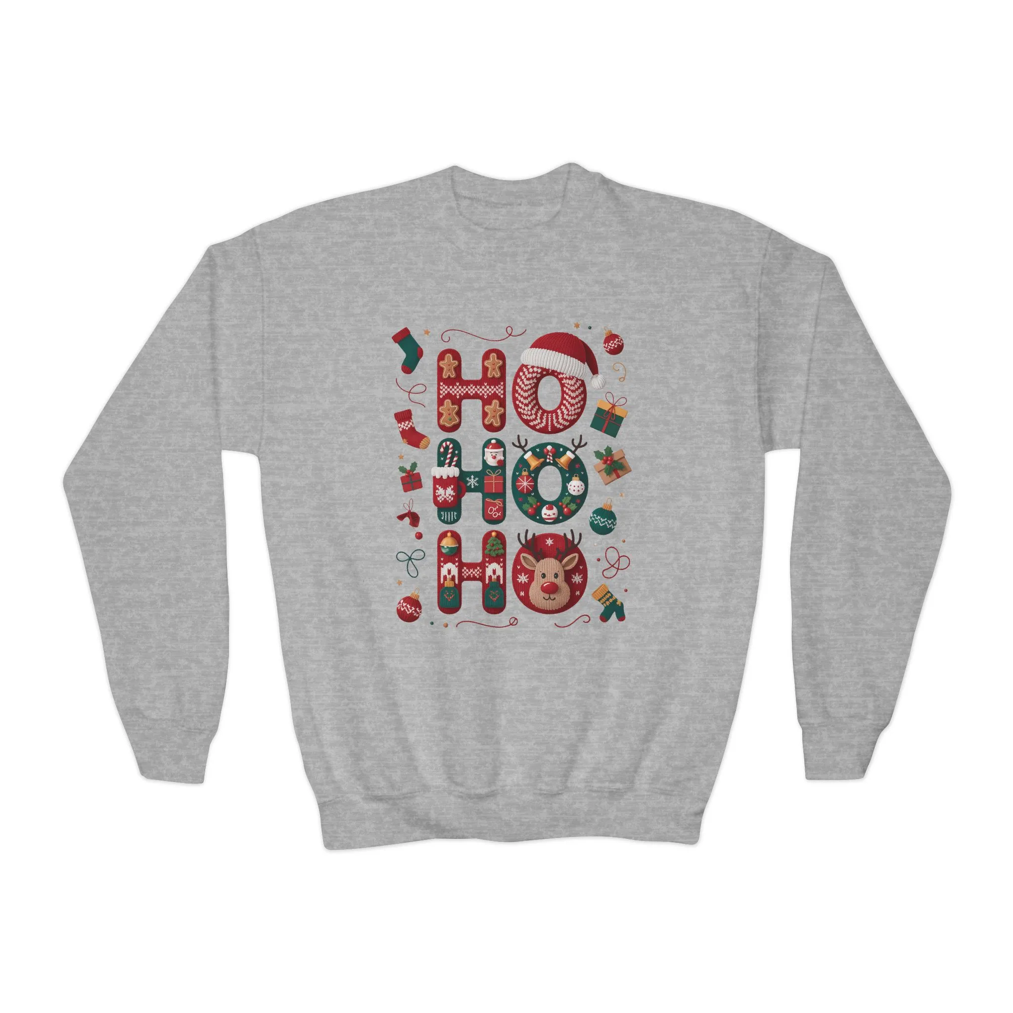 Ho Ho Ho Kids Christmas Sweatshirt, Cute Girls Holiday Outfit, Reindeer, Gingerbread - Santa Hat Design, Cozy Winter Youth Crewneck - Image 2