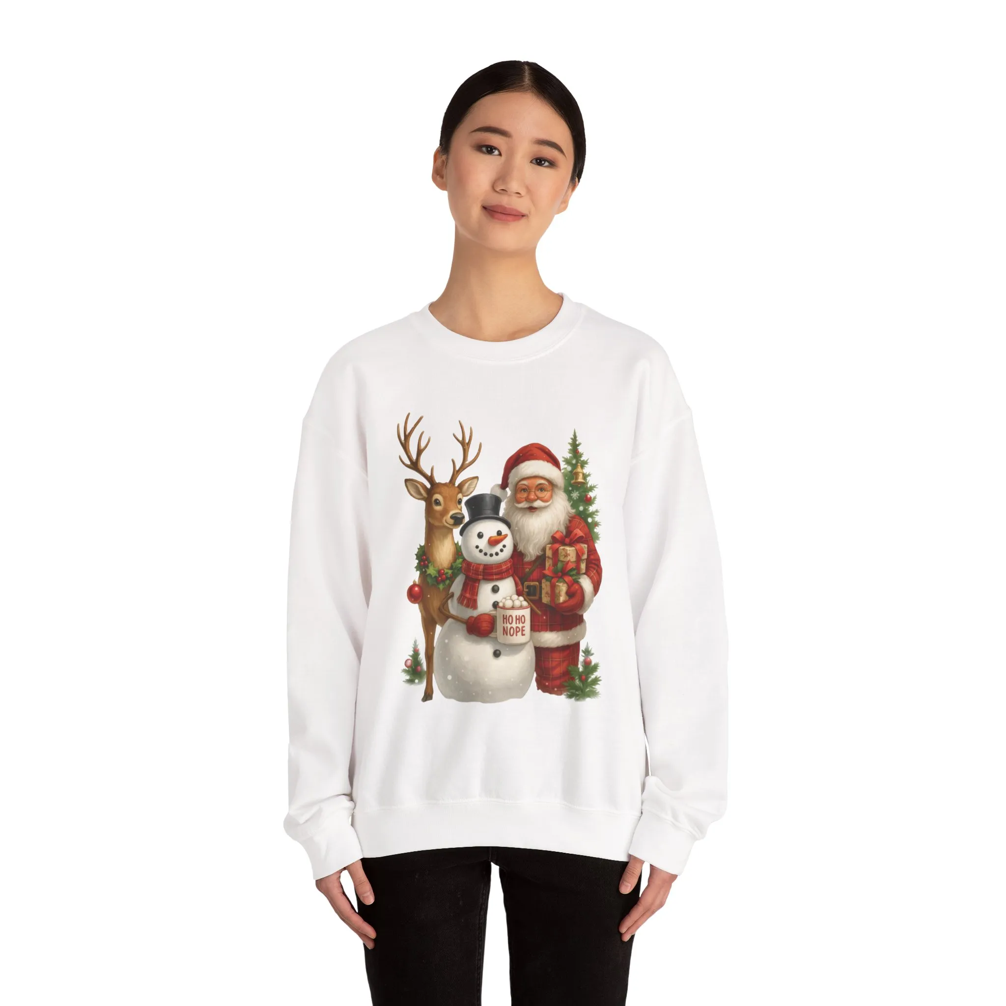 Santa, Snowman - Reindeer Christmas Sweatshirt, Funny Ho Ho Nope Holiday Sweater, Cute Vintage Christmas Jumper for Women - Image 5