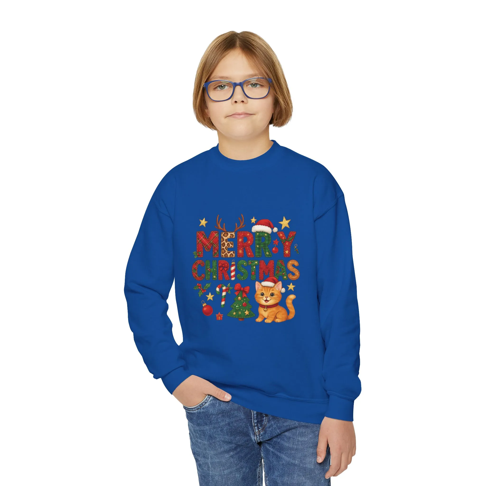 Merry Christmas Cat Sweatshirt for Girls, Cozy Holiday Kitten Jumper, Youth Crewneck Sweatshirt - Image 15