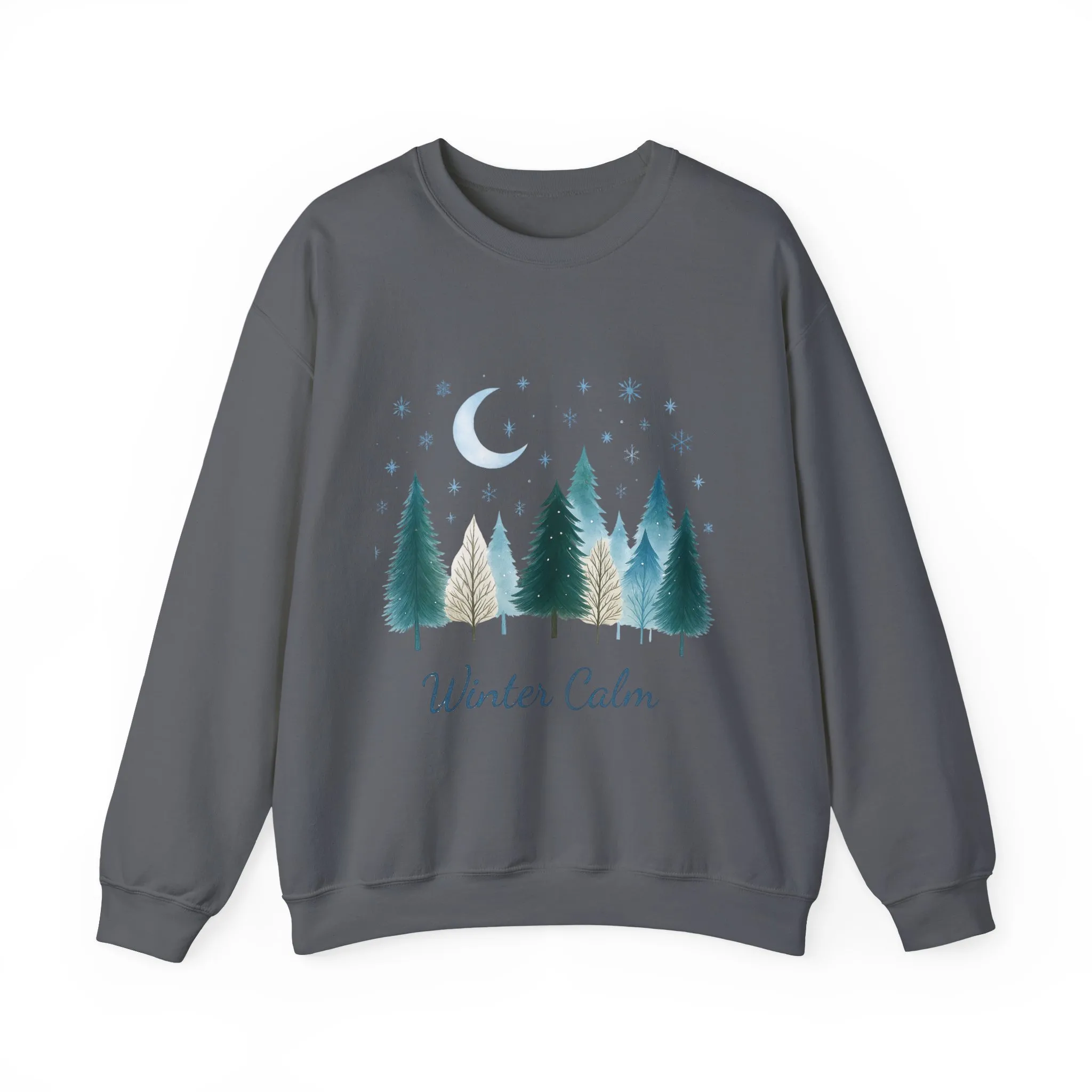 Winter Calm Sweatshirt, Minimalist Christmas Forest Pullover, Serene Winter Moon Scene Sweater for Women - Image 16