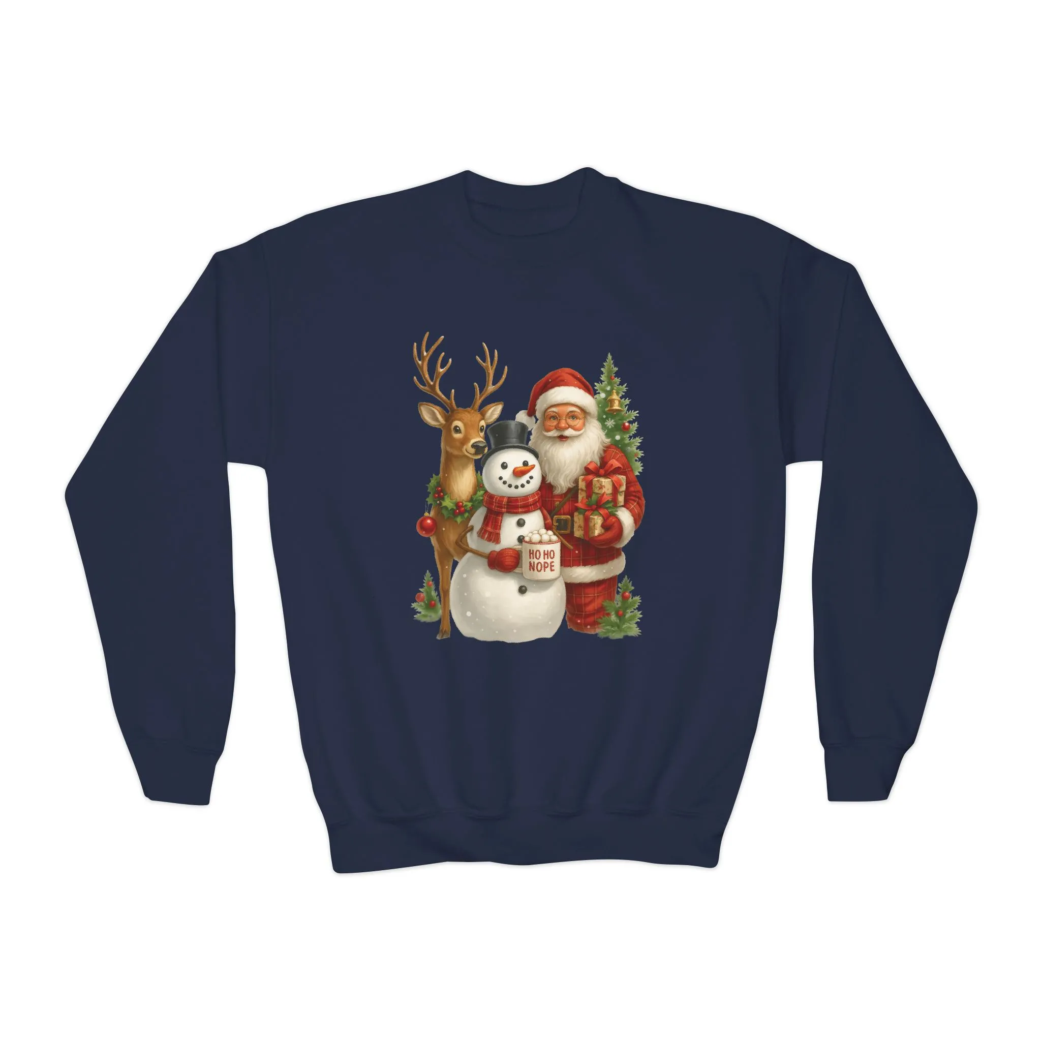 Kids Santa, Snowman - Reindeer Christmas Sweatshirt, Cute Ho Ho Nope Holiday Jumper, Funny Santa Sweater for Girls