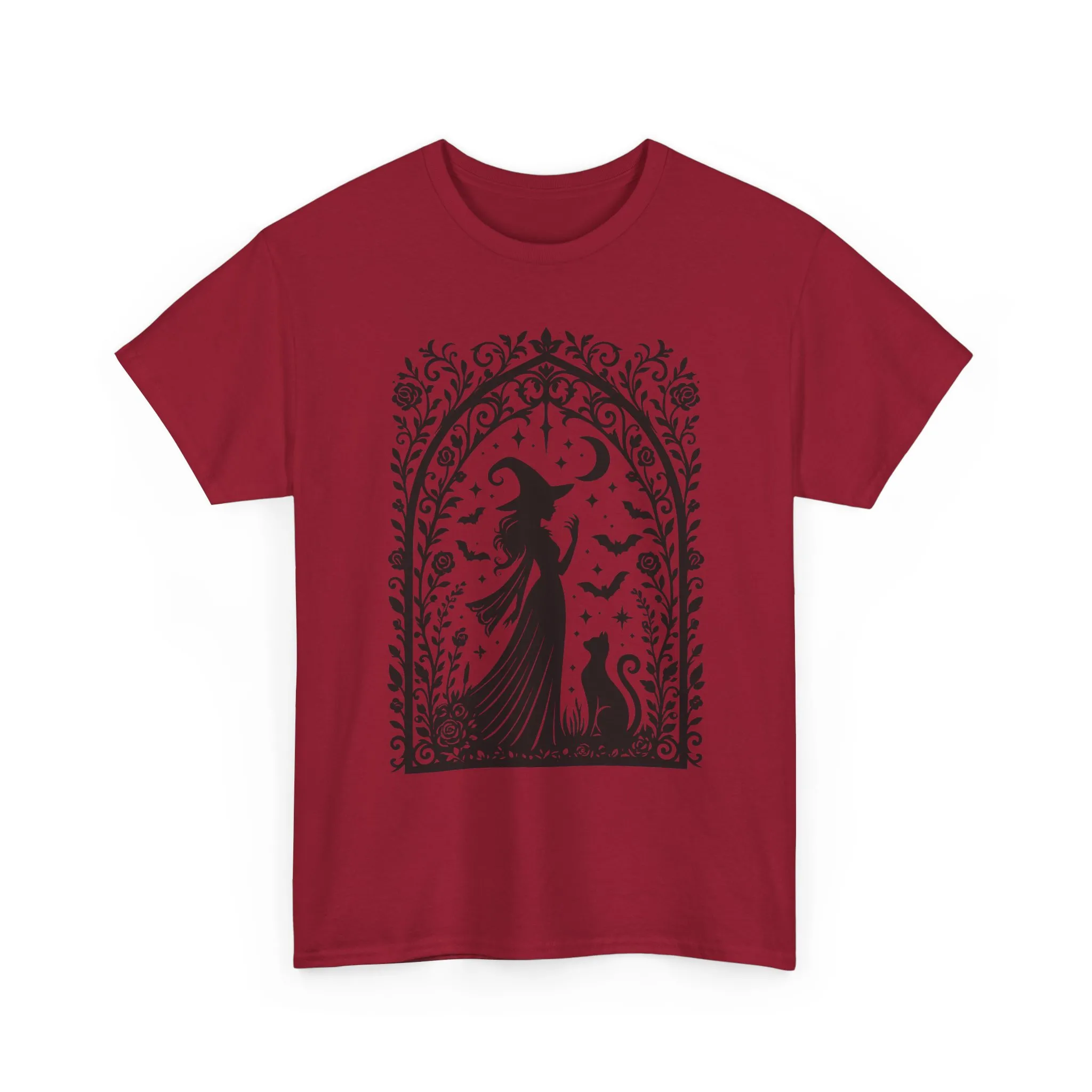 Gothic Witch & Cat Women's T-Shirt, Elegant Halloween Moon Silhouette Witchy Graphic Tee - Image 25