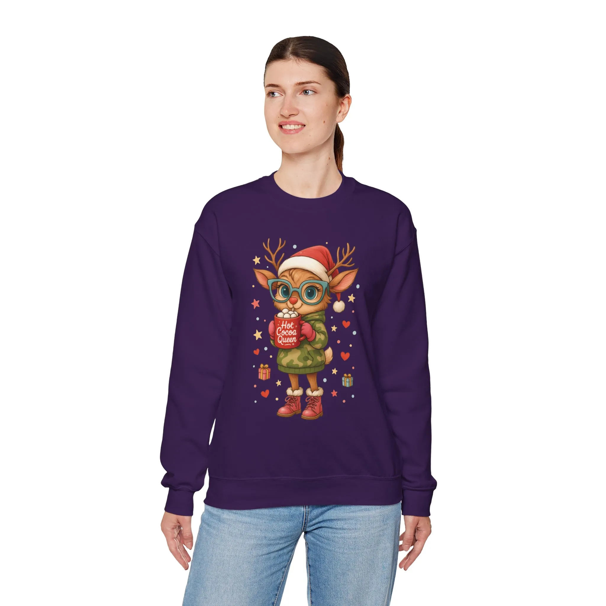 Hot Cocoa Queen Christmas Women's Sweatshirt, Cute Cozy Holiday Reindeer Pullover - Image 21