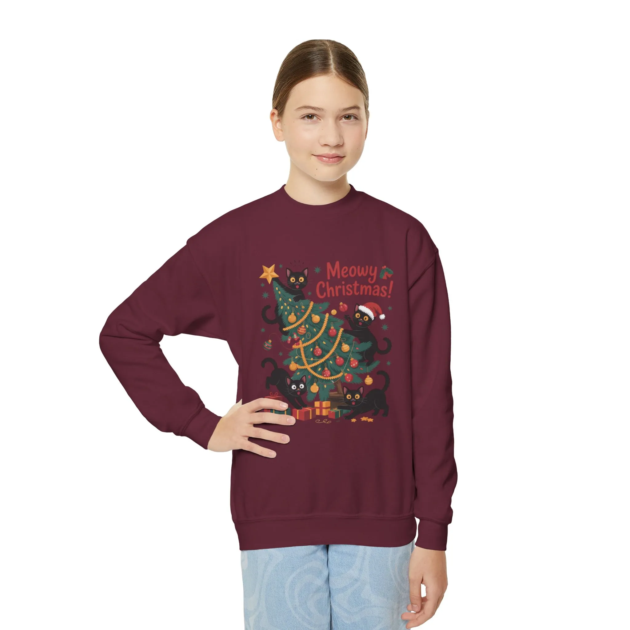 Kids Black Cats Christmas Tree Sweatshirt, Cute Funny Cat Holiday Jumper, Christmas Cat Chaos Pullover - Image 8