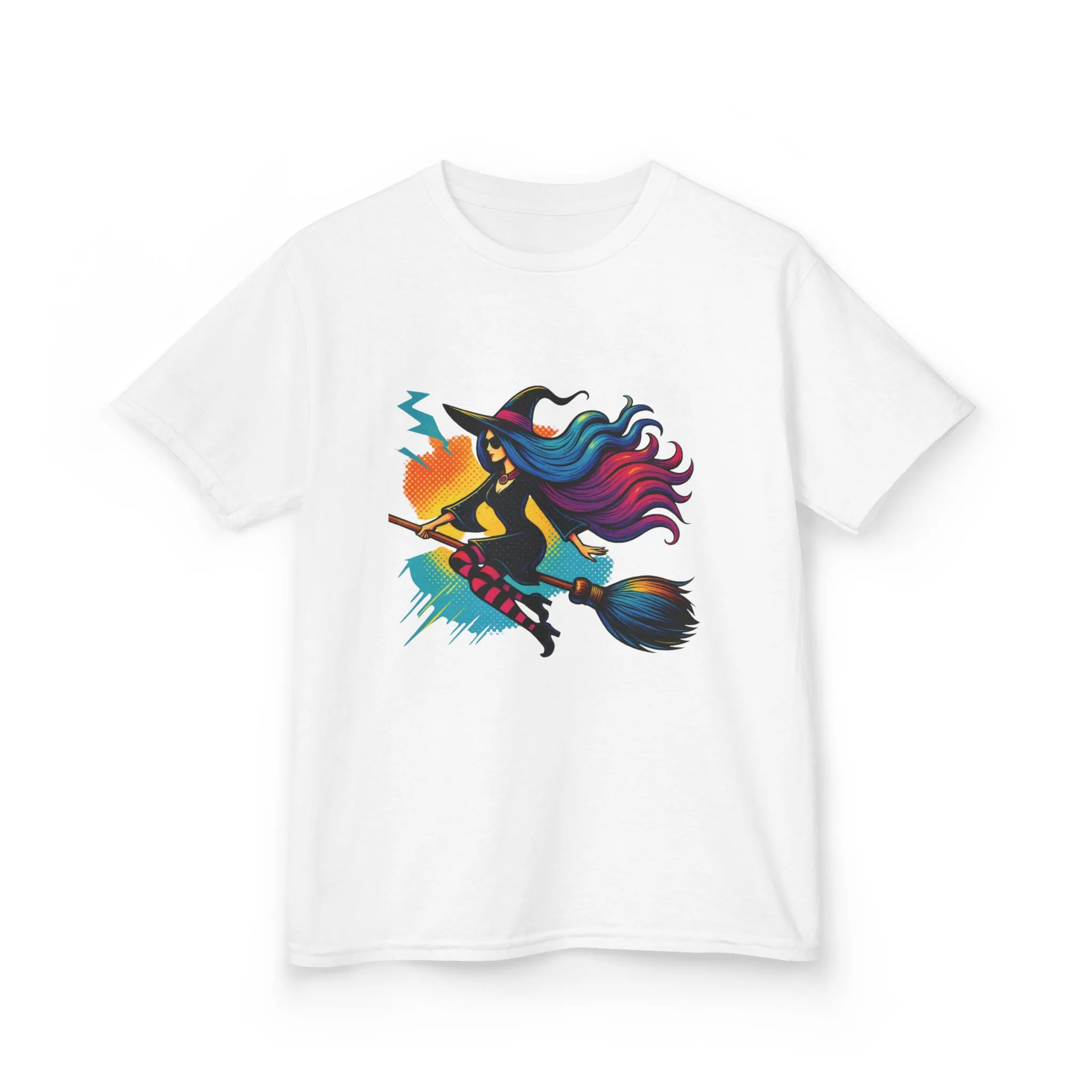 Girls Witch T-Shirt, Colorful Halloween Witch Graphic Tee for Kids, Fun Spooky Broomstick Shirt, Gift for Girls - Image 3