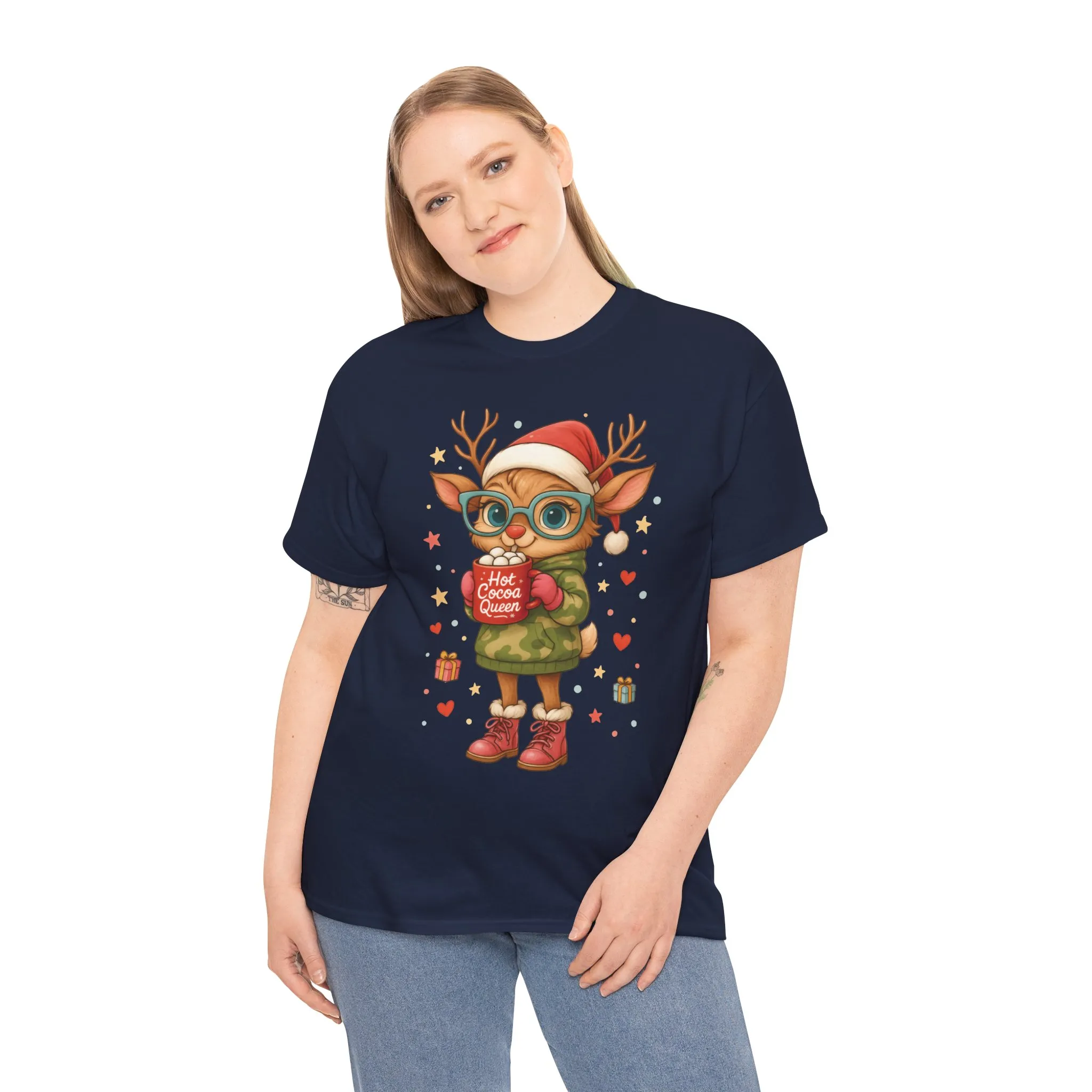 Hot Cocoa Queen Christmas Women's T-Shirt, Cute Holiday Reindeer Tee for Women - Image 3