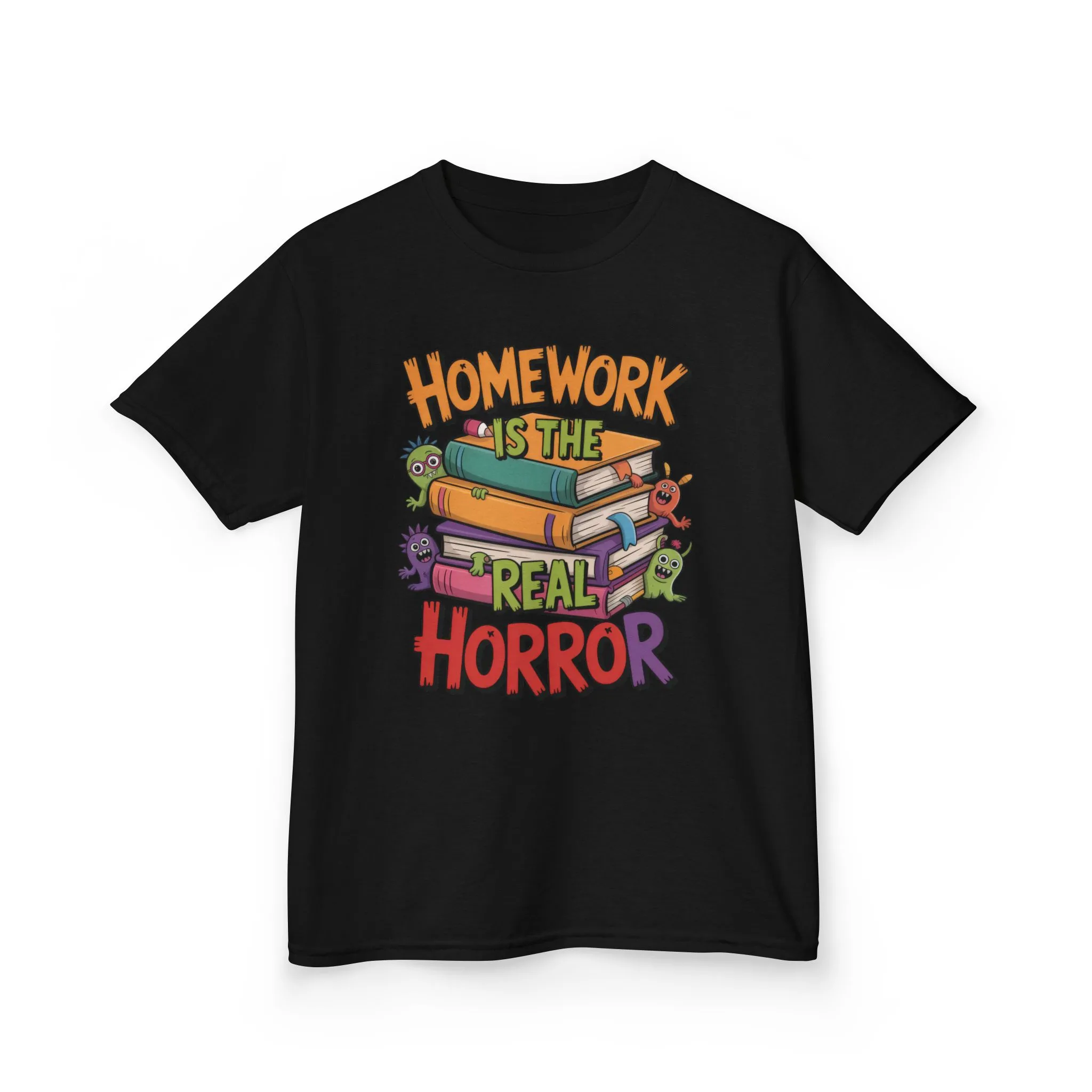 Kids Funny Homework Tee, Cute Monster School Shirt, Homework Is the Real Horror, Back to School Gift for Boys & Girls, Kids Halloween Tee - Image 7