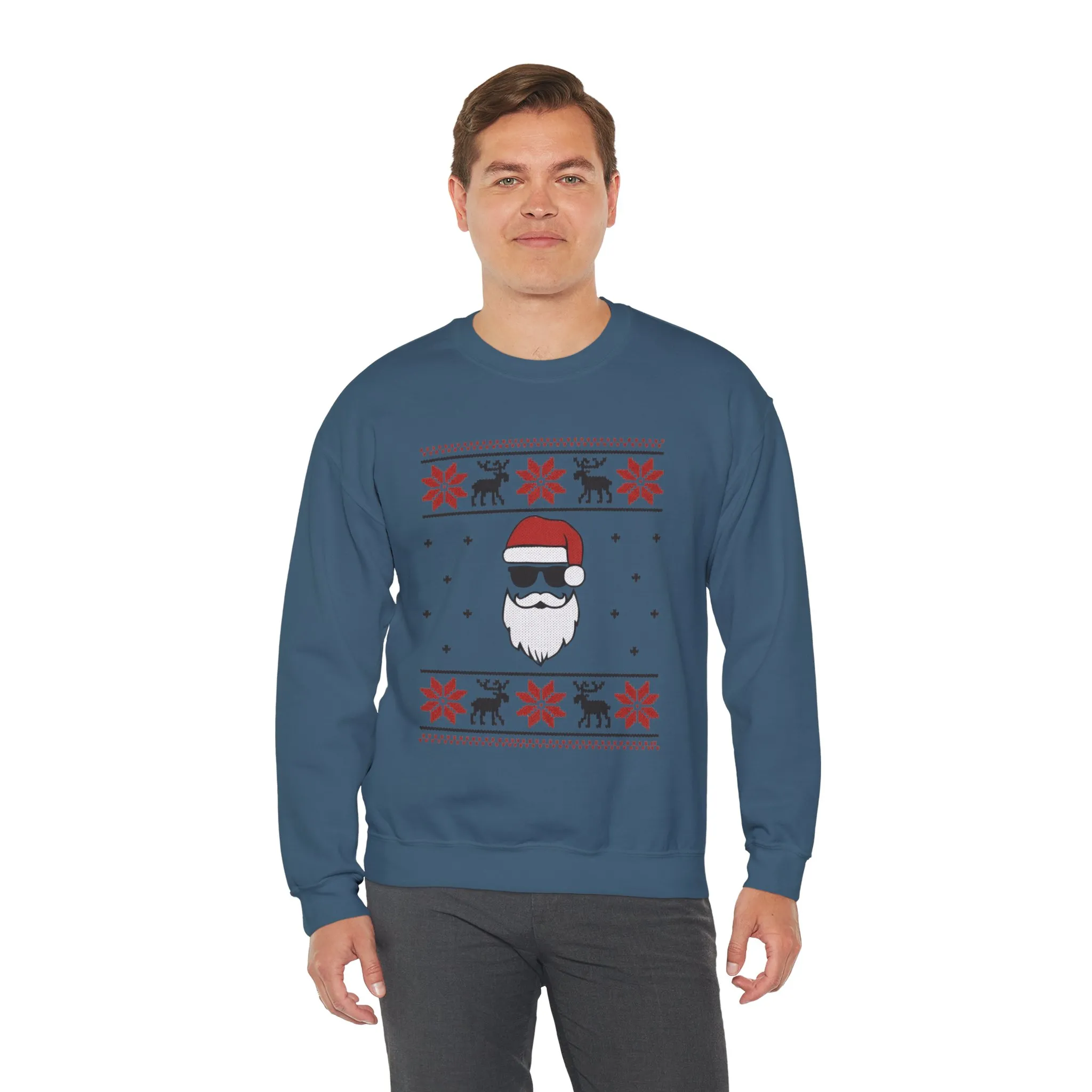 Cool Santa Men's Sweatshirt, Funny Knit Look Pullover, Retro Christmas Sweater Style - Image 3