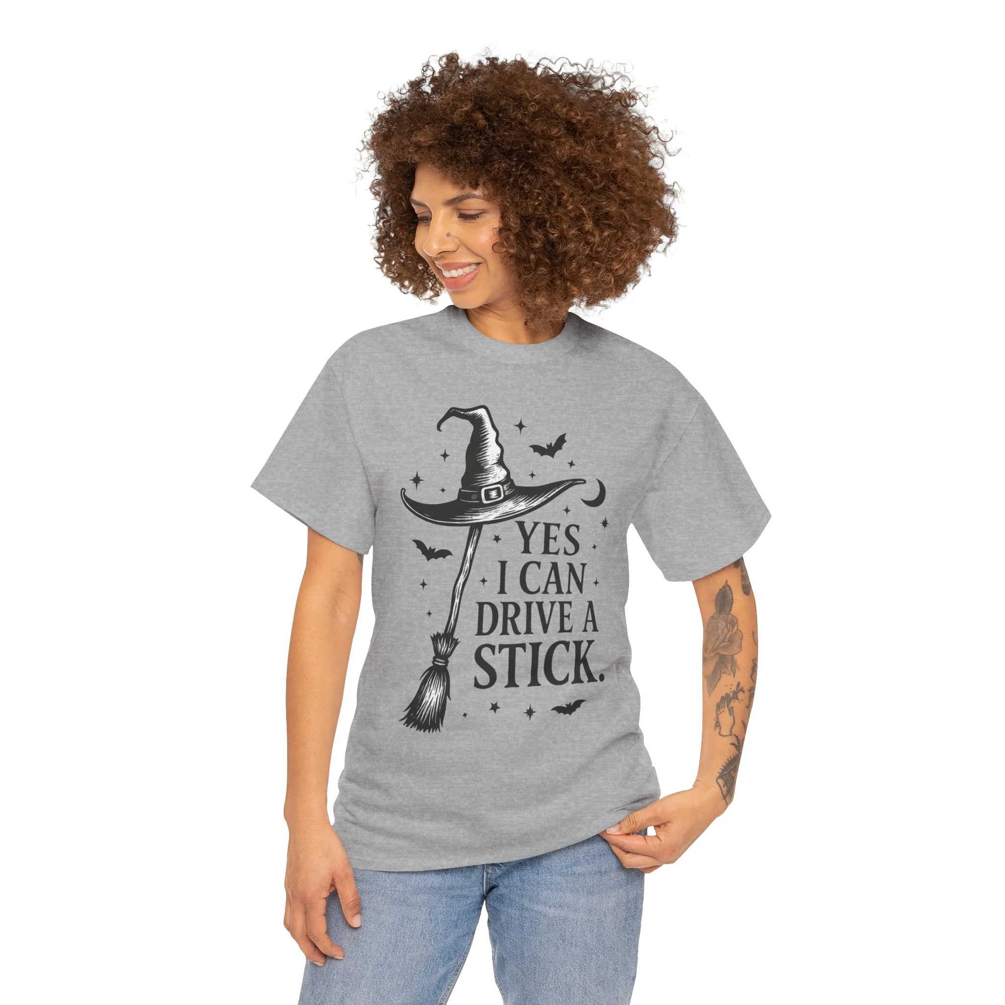Yes I Can Drive a Stick Witch Hat Broom Halloween Women's T-Shirt, Funny Spooky Graphic Tee, Witch Shirt - Image 8