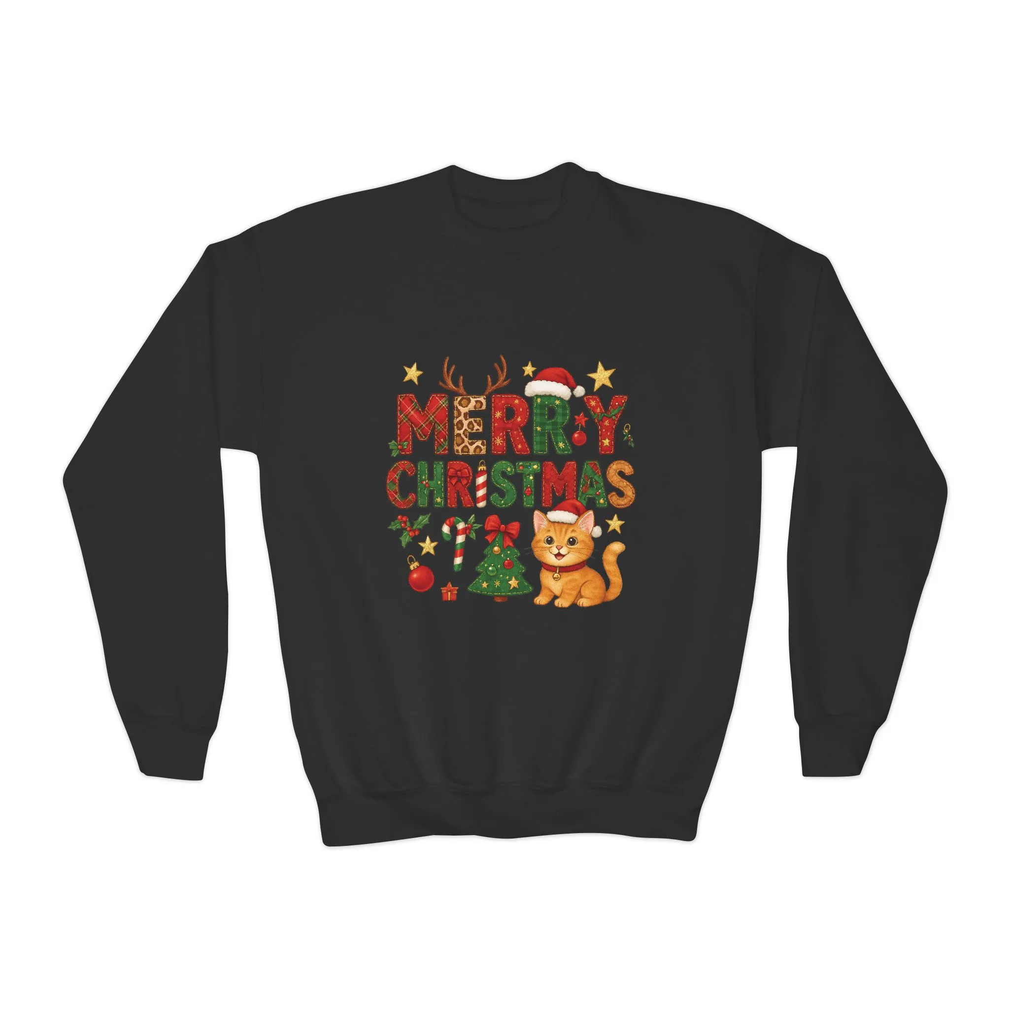 Merry Christmas Cat Sweatshirt for Girls, Cozy Holiday Kitten Jumper, Youth Crewneck Sweatshirt - Image 4
