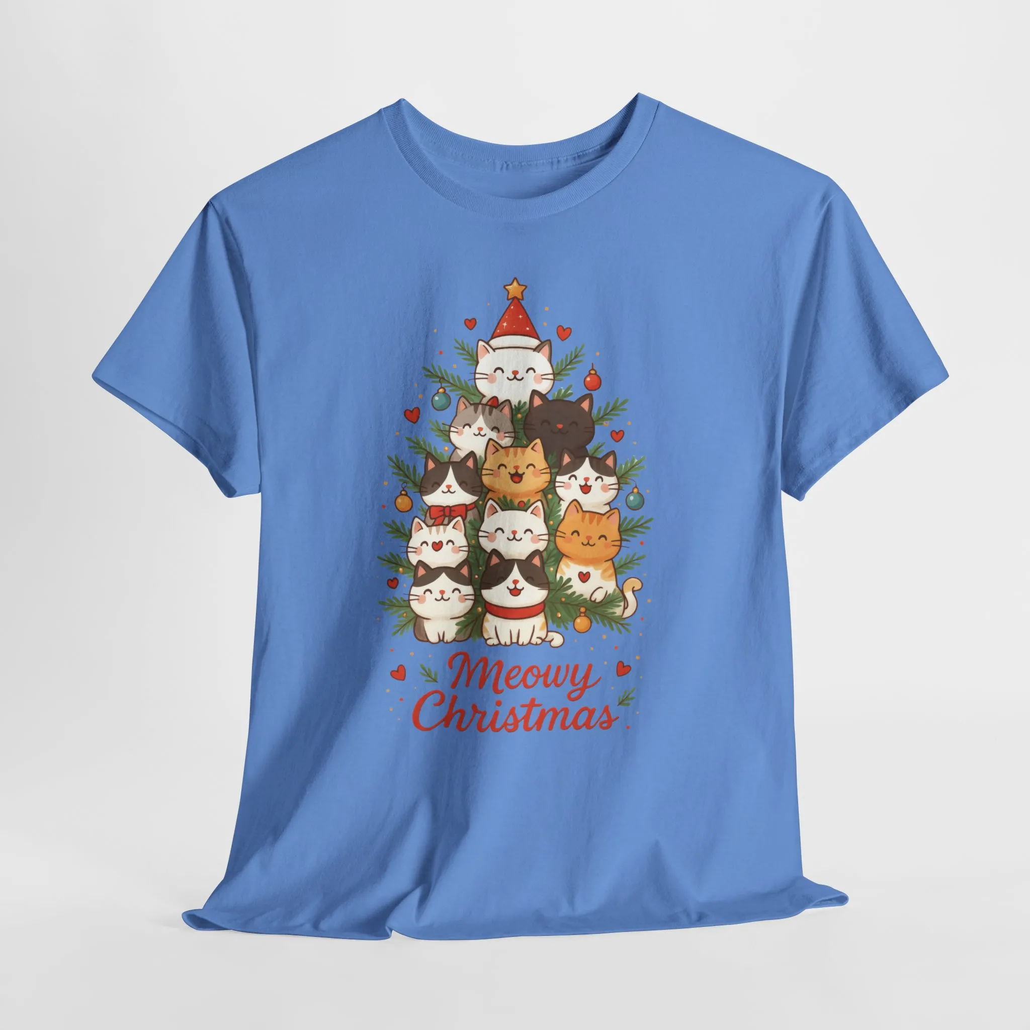 Women's Meowy Christmas Cat T-Shirt, Cute Holiday Kitty Tree Tee - Image 16