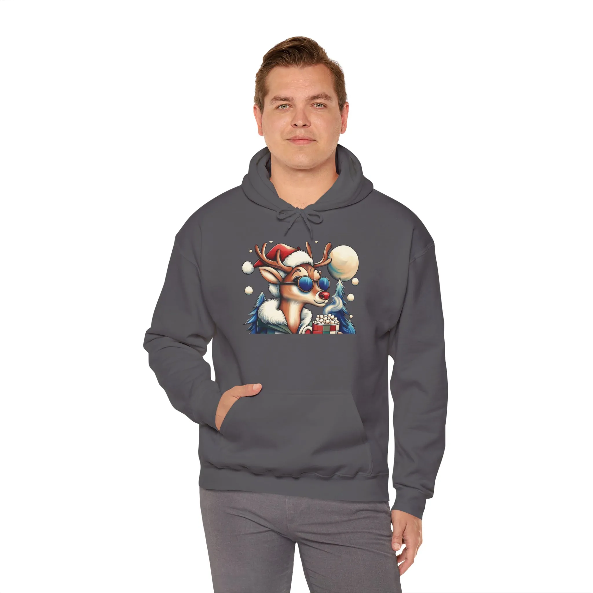 Cool Reindeer Christmas Hoodie, Funny Holiday Hot Cocoa Pullover for Men - Image 24