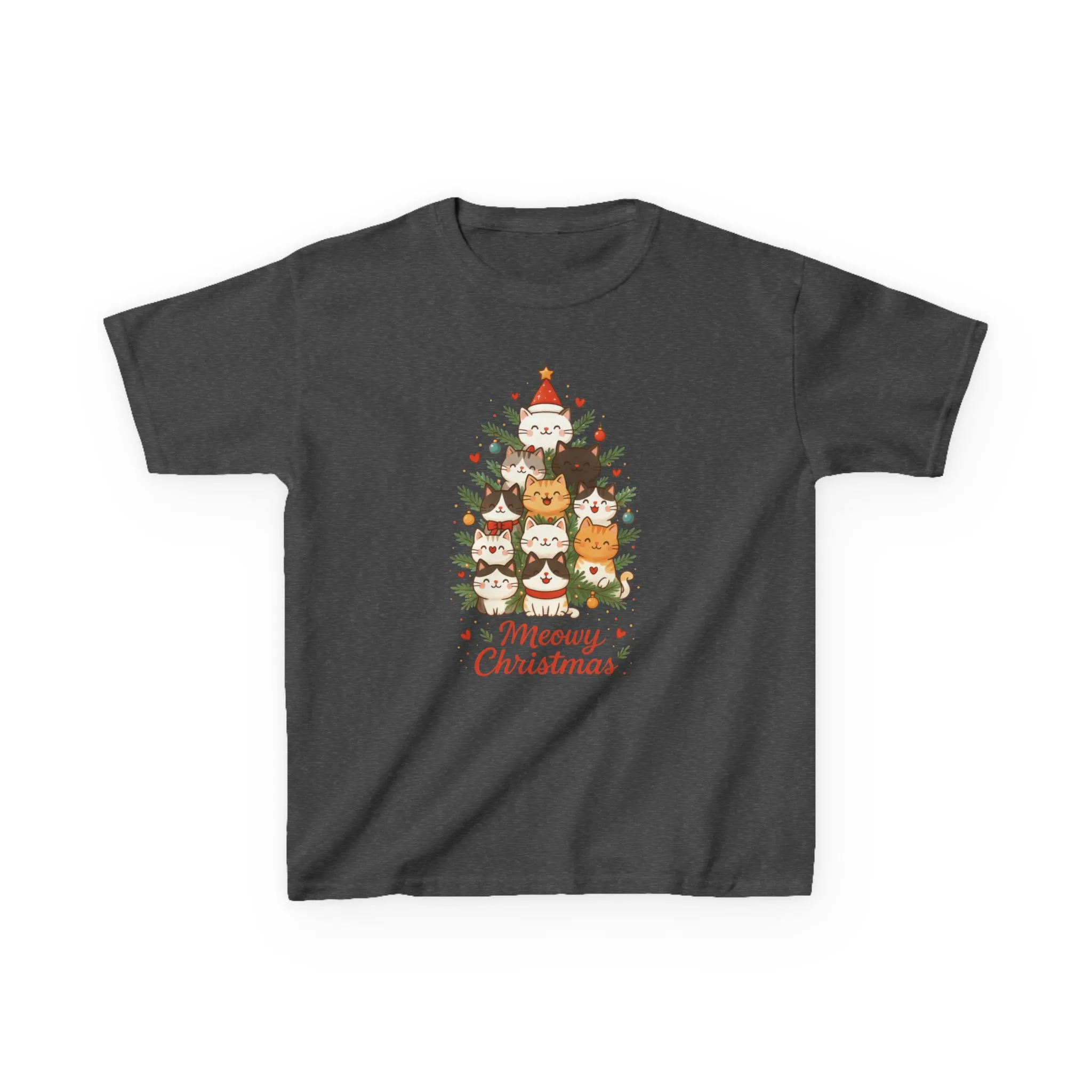 Youth Meowy Christmas Cat T-Shirt, Cute Kids Holiday Kitty Tee - Image 9