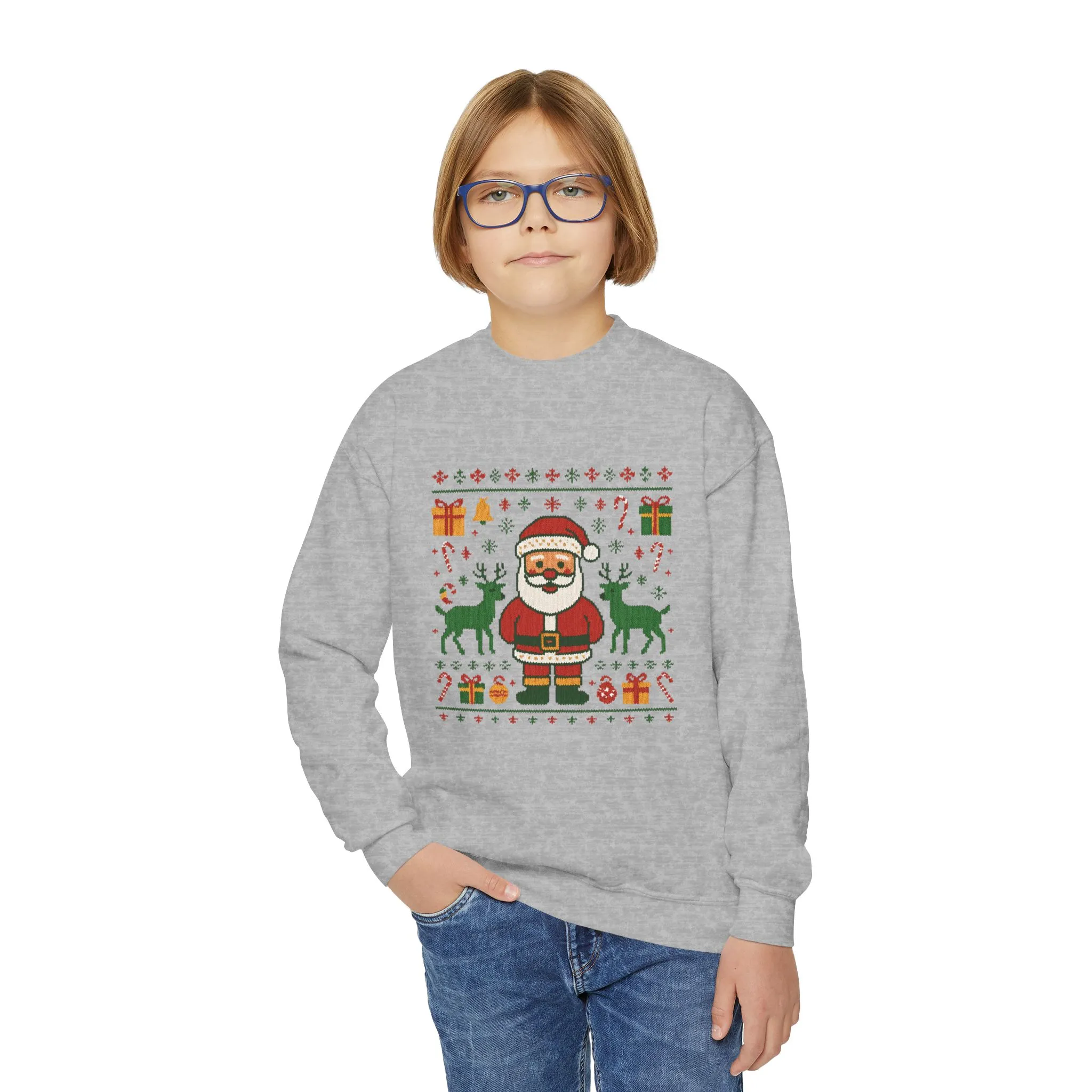 Kids Santa Christmas Shirt, Cute Knit Pattern Holiday Sweatshirt, Youth Crewneck Sweatshirt - Image 9