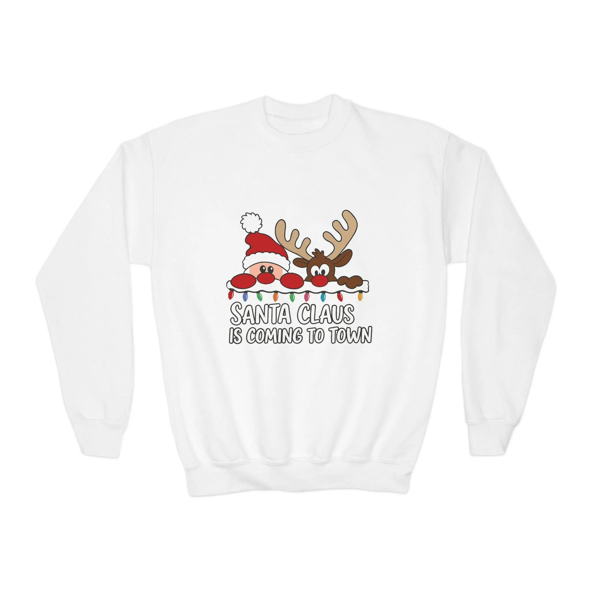 Santa Claus Is Coming to Town Kids Christmas Sweatshirt, Cute Santa - Reindeer Holiday Jumper - Image 3