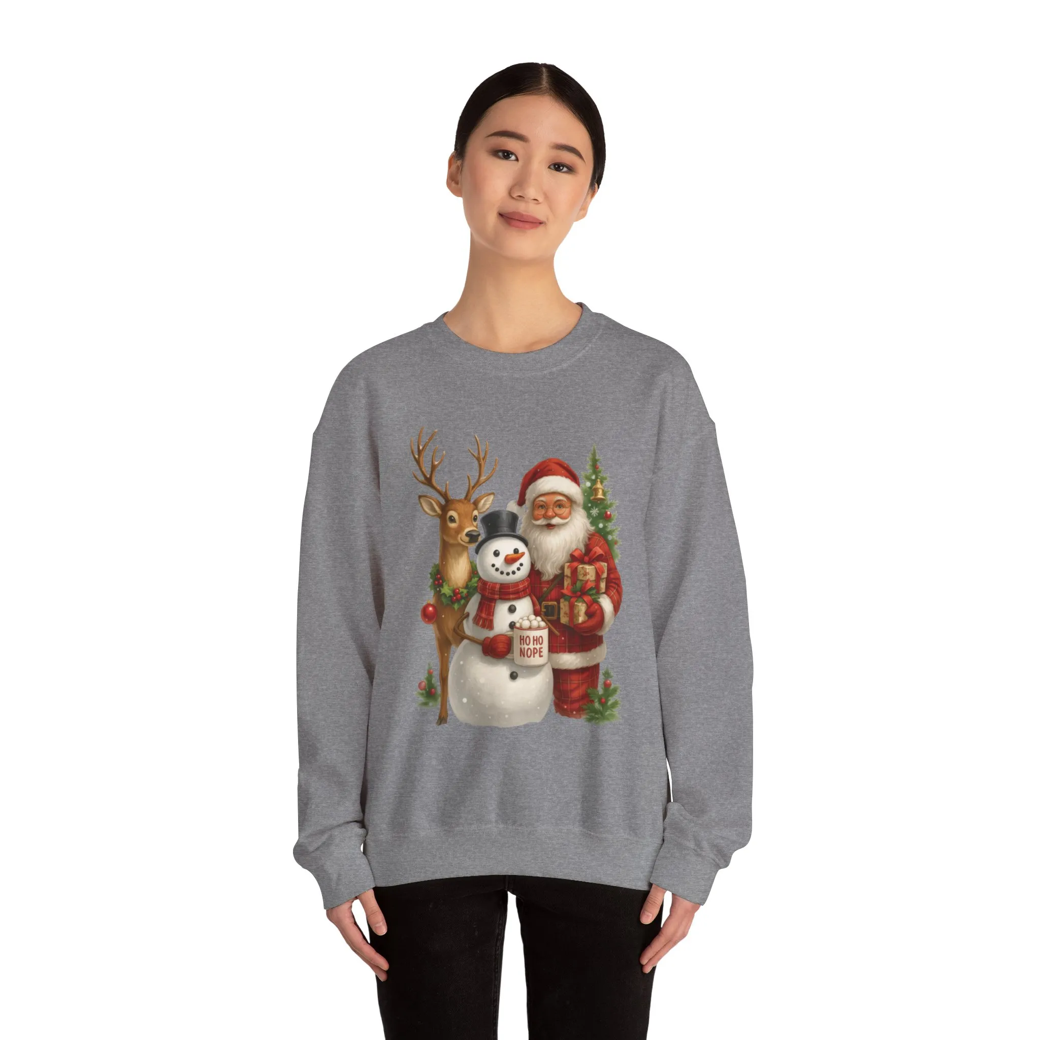 Santa, Snowman - Reindeer Christmas Sweatshirt, Funny Ho Ho Nope Holiday Sweater, Cute Vintage Christmas Jumper for Women - Image 14