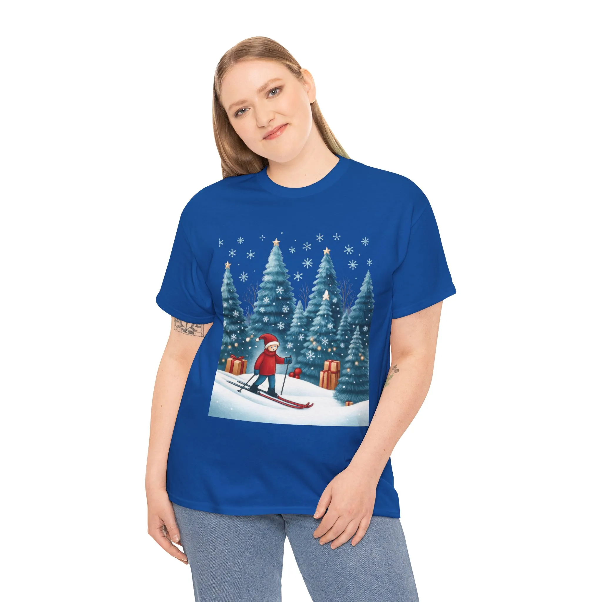 Womens Cute Winter Holiday Graphic Tee, Christmas Skiing T-Shirt, Women's Heavy Cotton Tee - Image 12
