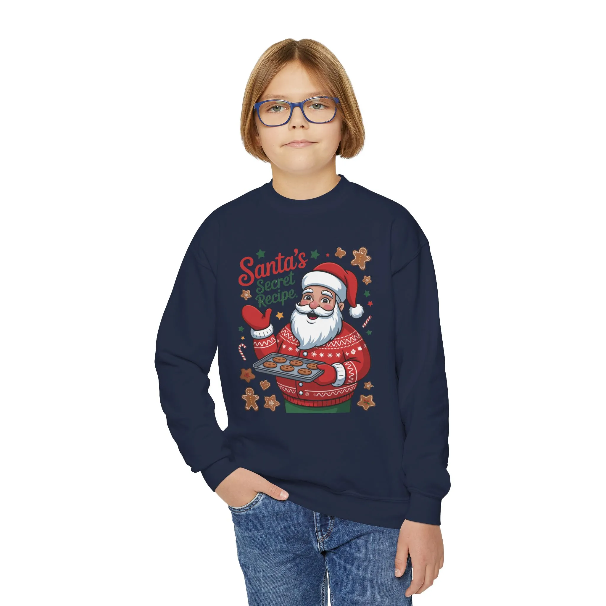 Kids Santa's Secret Recipe Christmas Sweatshirt, Cute Holiday Baking Jumper, Gingerbread Cookie Santa Sweater for Girls - Image 15