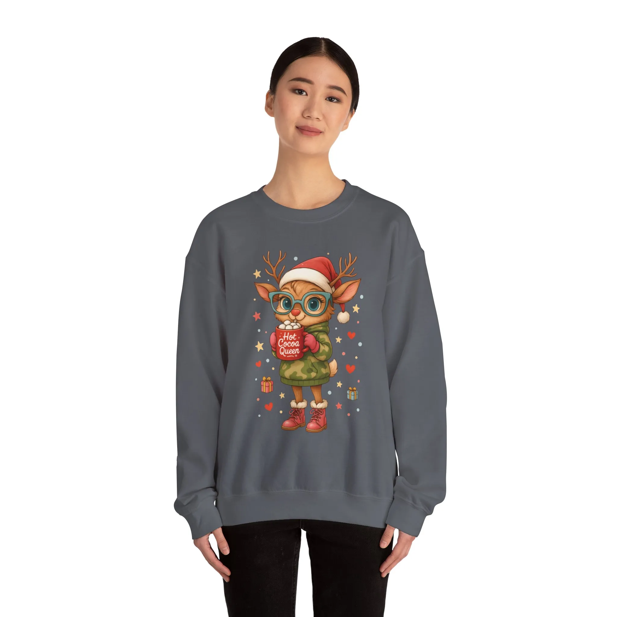 Hot Cocoa Queen Christmas Women's Sweatshirt, Cute Cozy Holiday Reindeer Pullover - Image 14