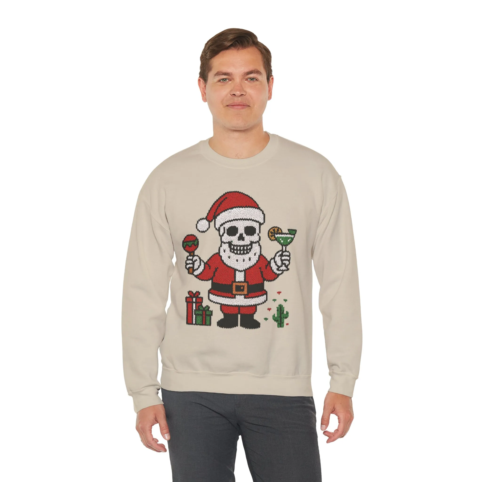 Funny Santa Skull Christmas Men's Sweatshirt, Holiday Margarita Pullover - Image 9