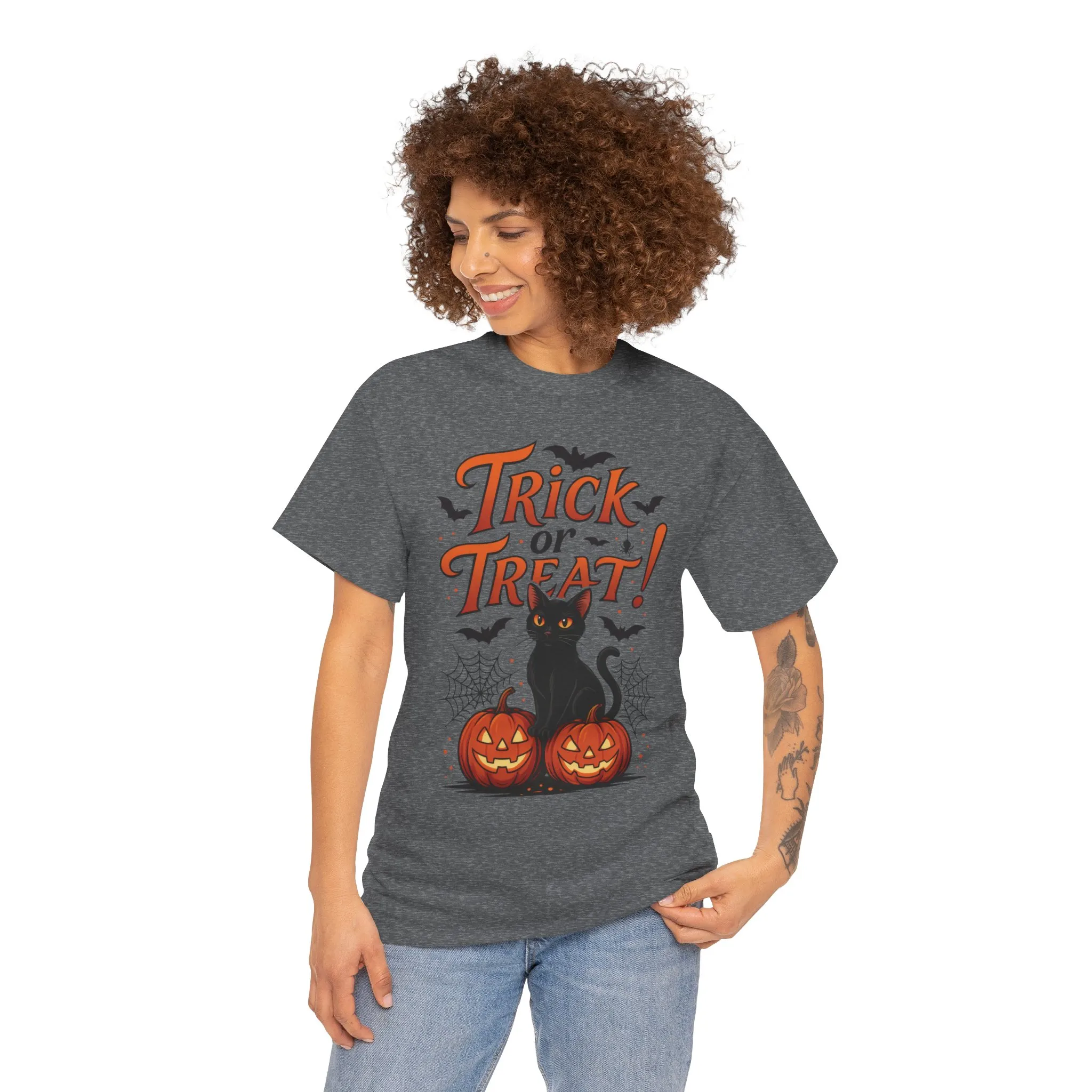 Trick or Treat Black Cat Halloween T-Shirt for Women, Spooky Cute Pumpkin Cat Tee, Fall Halloween Outfit Gift, Vintage Witchy Top - Image 14