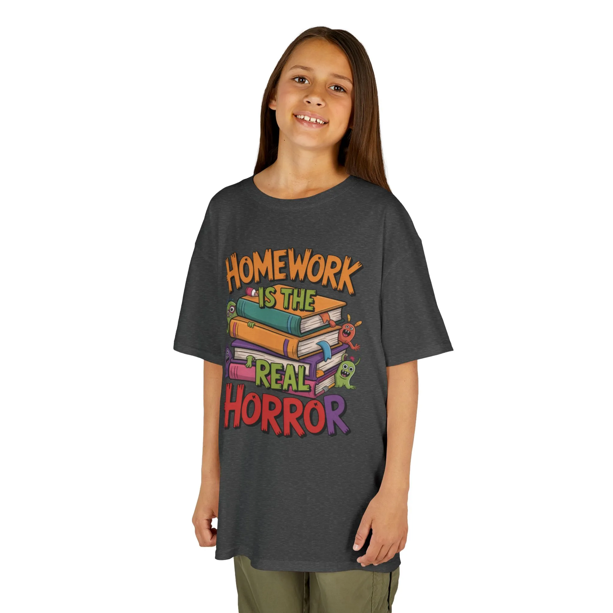 Kids Funny Homework Tee, Cute Monster School Shirt, Homework Is the Real Horror, Back to School Gift for Boys & Girls, Kids Halloween Tee - Image 2