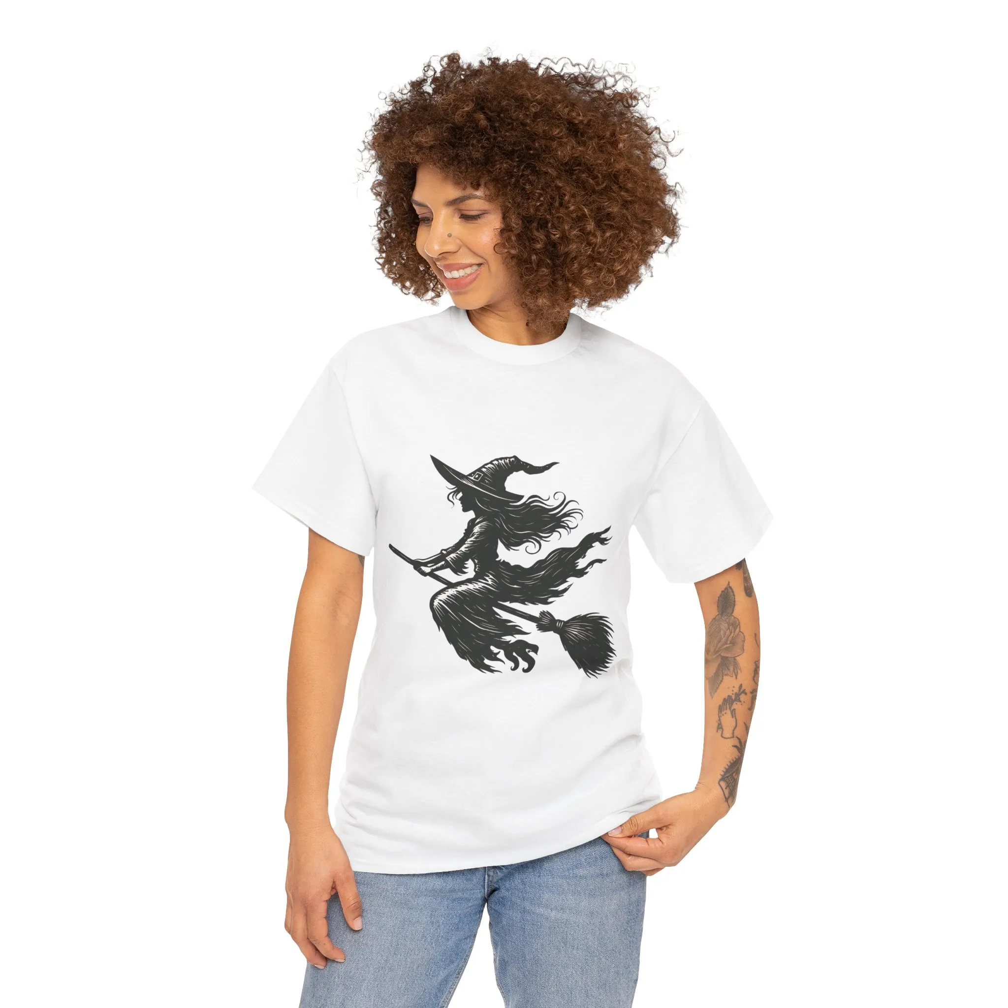 Flying Witch Silhouette Halloween T-Shirt for Women, Vintage Witch on Broom Tee, Spooky Gothic Fall Shirt, Minimal Black Witch Top - Image 5