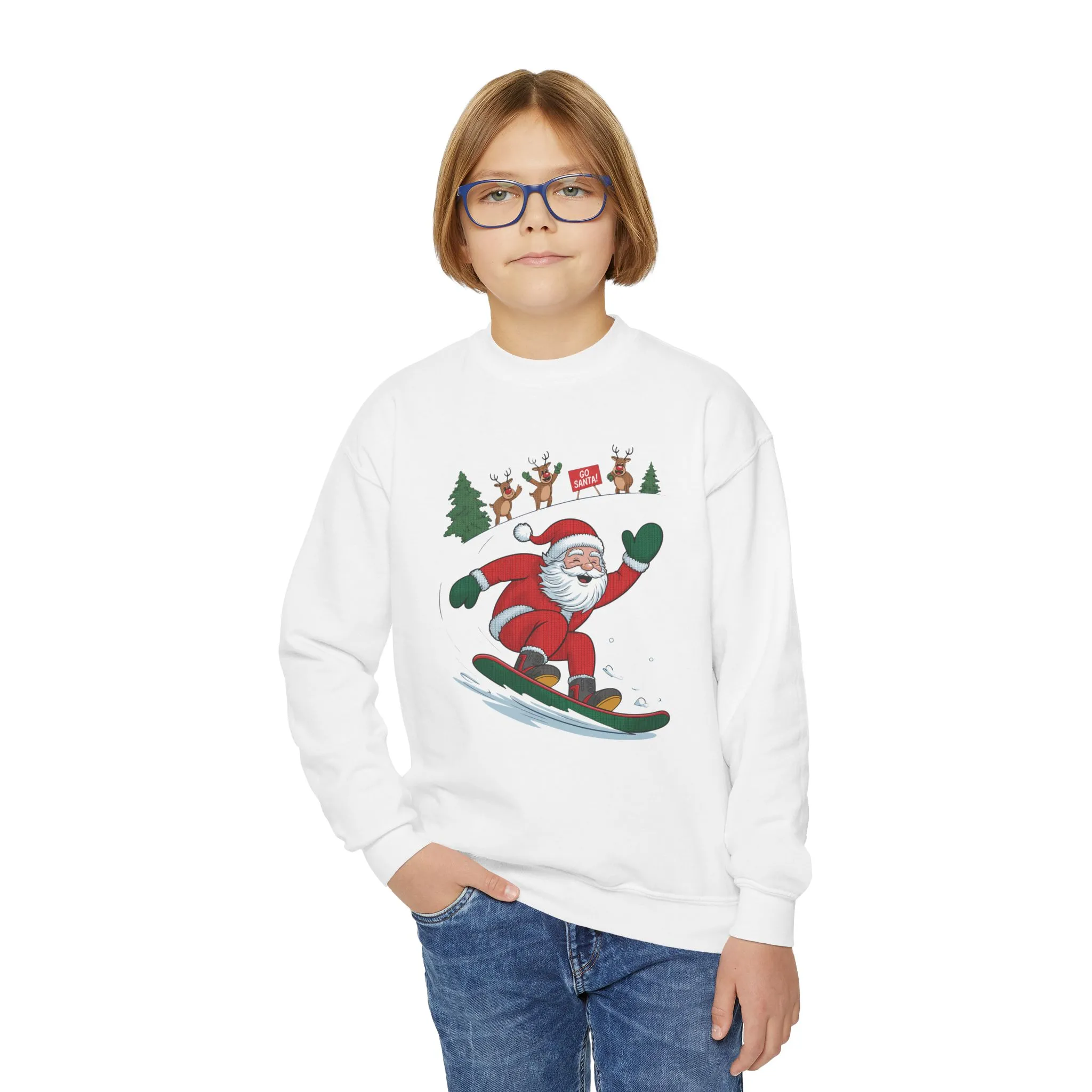 Go Santa Snowboarding Christmas Sweatshirt, Funny Santa - Reindeer Holiday Jumper for Kids, Cute Winter Sports Christmas Youth Sweatshirt - Image 2
