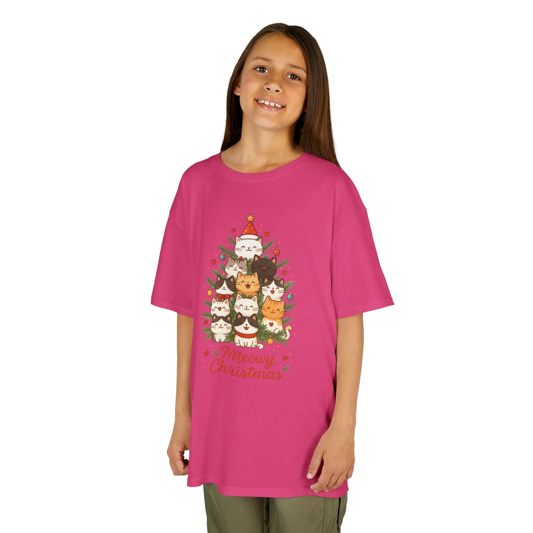 Youth Meowy Christmas Cat T-Shirt, Cute Kids Holiday Kitty Tee - Image 16