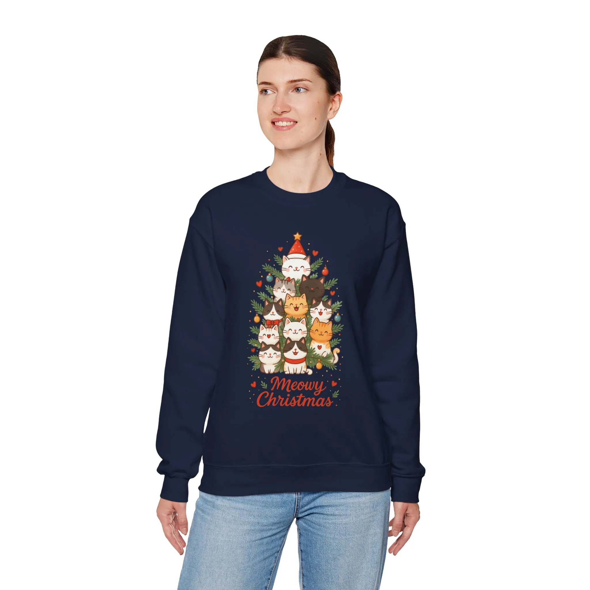 Women's Meowy Christmas Cat Sweatshirt, Cute Holiday Kitty Pullover - Image 21