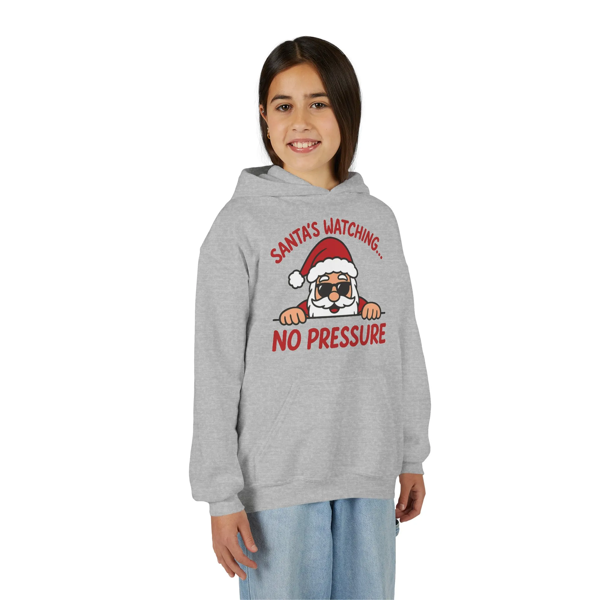 Santa's Watching No Pressure Kids Christmas Hoodie, Funny Holiday Sweatshirt for Youth - Image 3