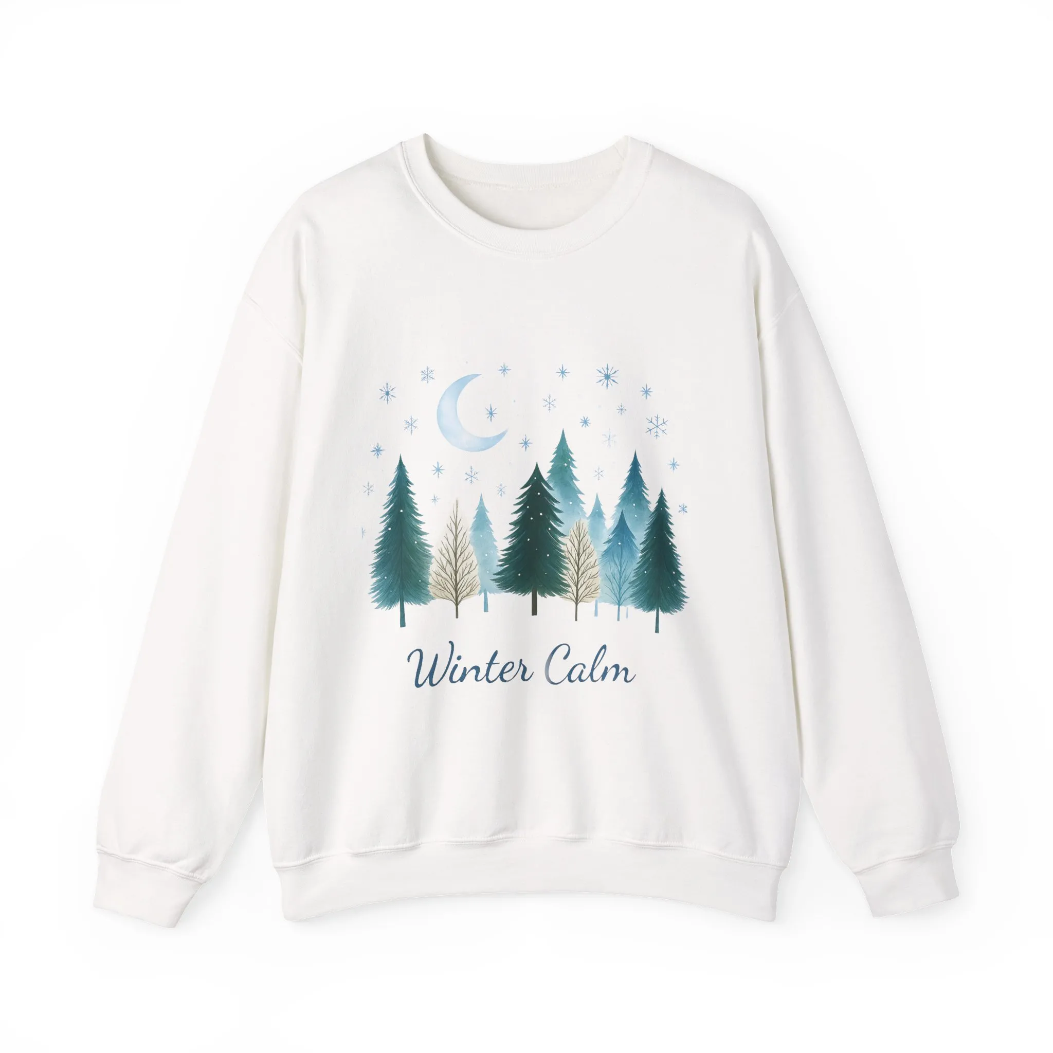 Winter Calm Sweatshirt, Minimalist Christmas Forest Pullover, Serene Winter Moon Scene Sweater for Women - Image 4