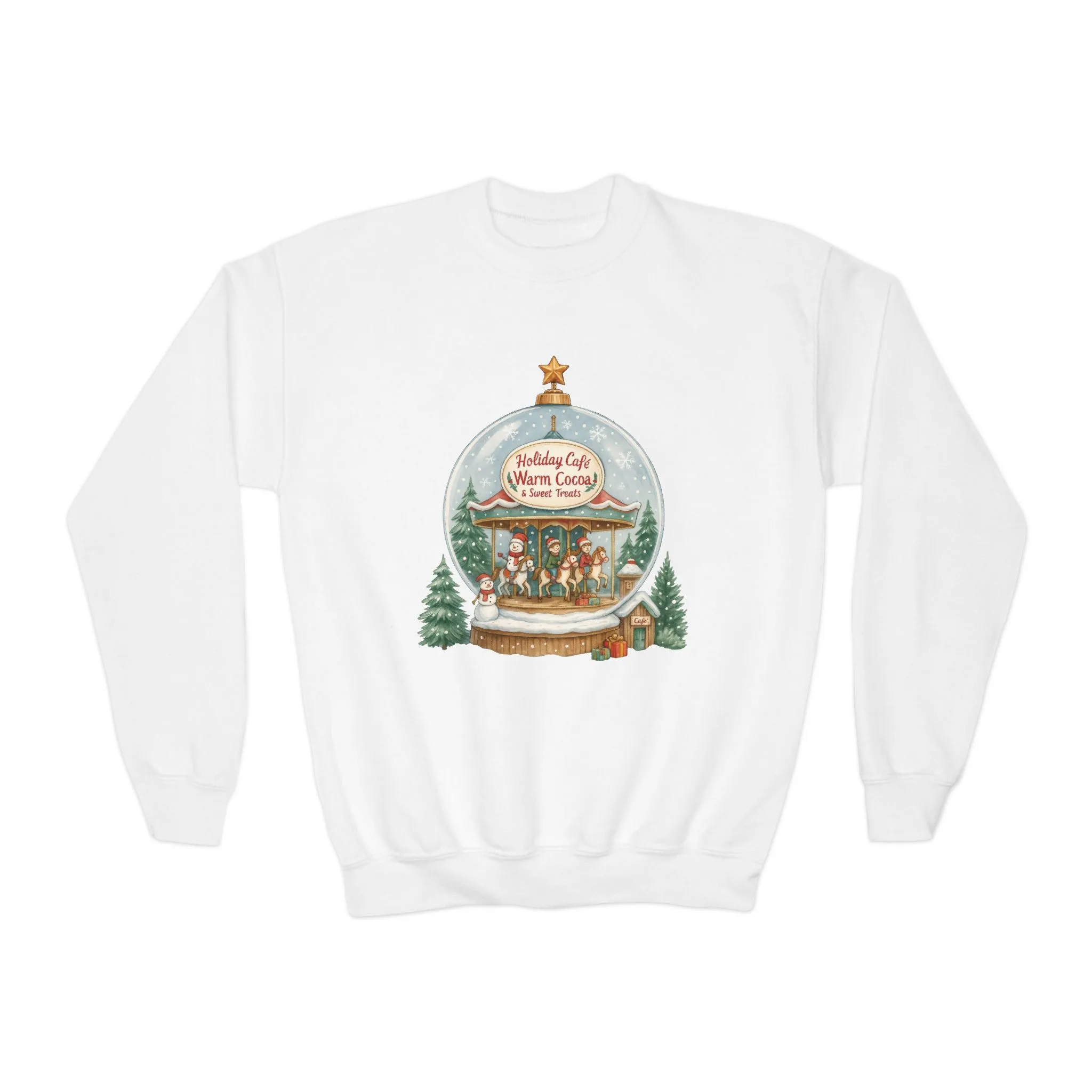 Youth Holiday Café Christmas Sweatshirt, Warm Cocoa Snow Globe Jumper - Image 3