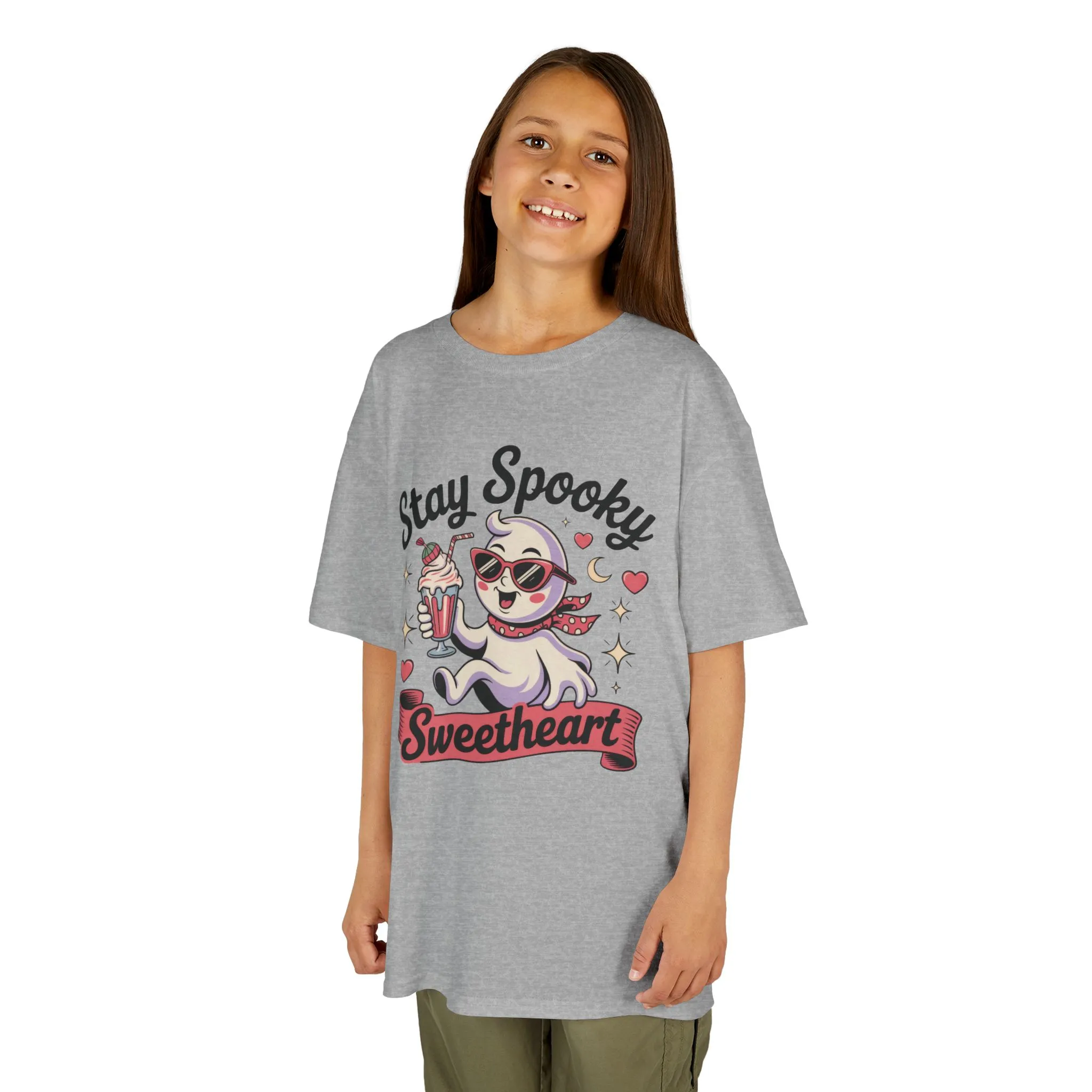 Girls Halloween Ghost T-Shirt, Stay Spooky Sweetheart Tee for Kids, Cute Retro Style Tween Girl Outfit Gift, Kids Heavy Cotton⢠Tee - Image 6