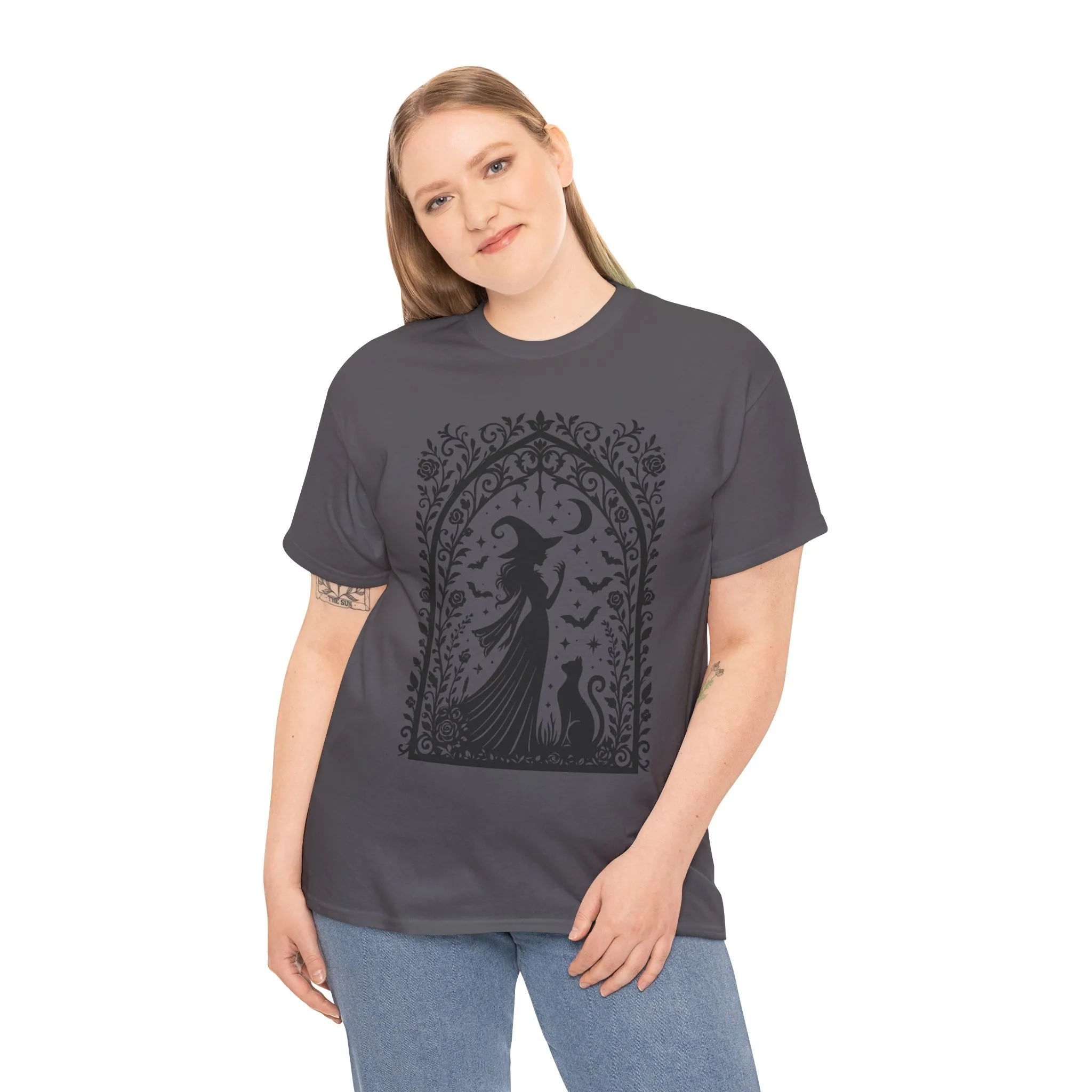 Gothic Witch & Cat Women's T-Shirt, Elegant Halloween Moon Silhouette Witchy Graphic Tee - Image 15