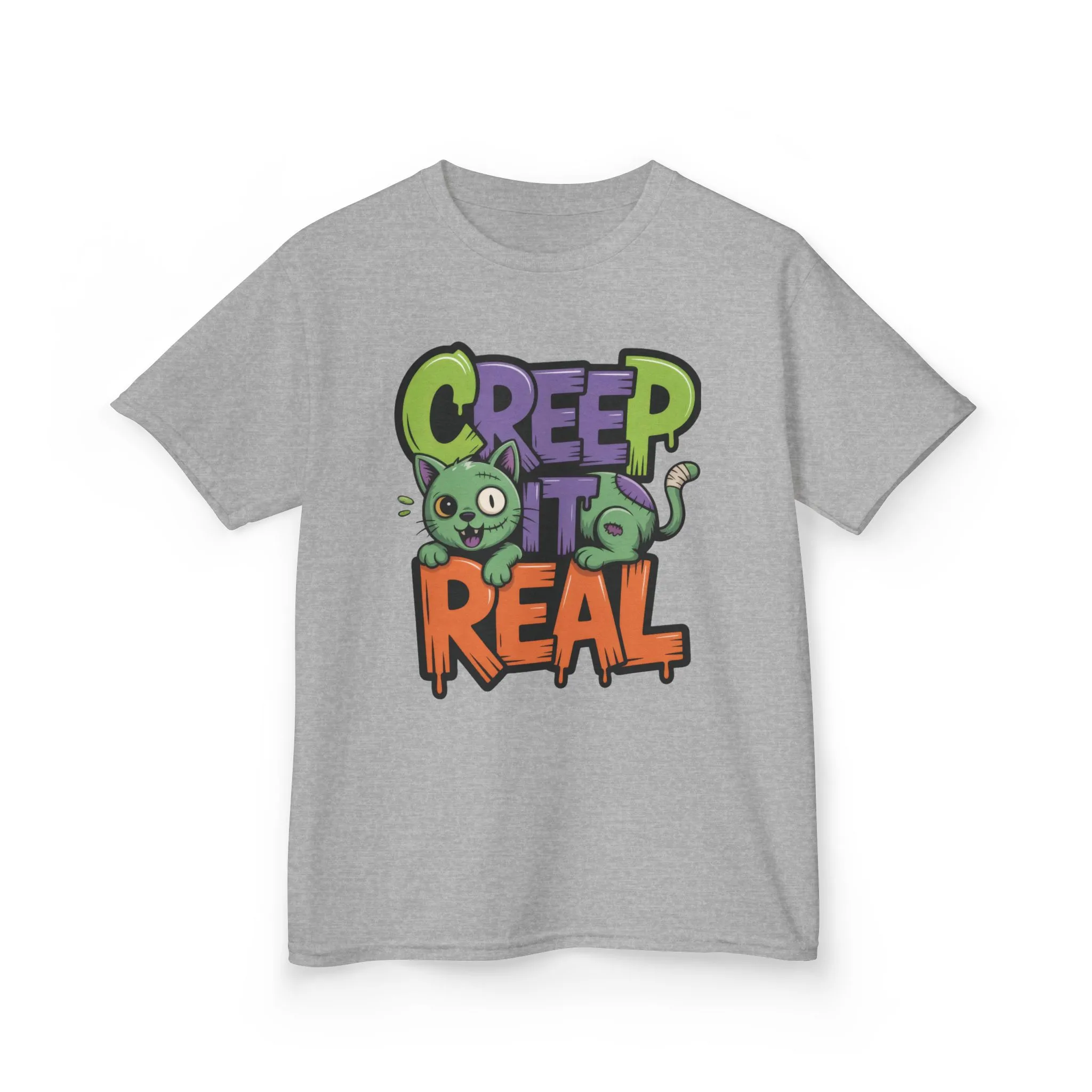 Creep It Real Kids Halloween Shirt, Cute Zombie Cat Graffiti Style T-Shirt for Boys & Girls - Image 7