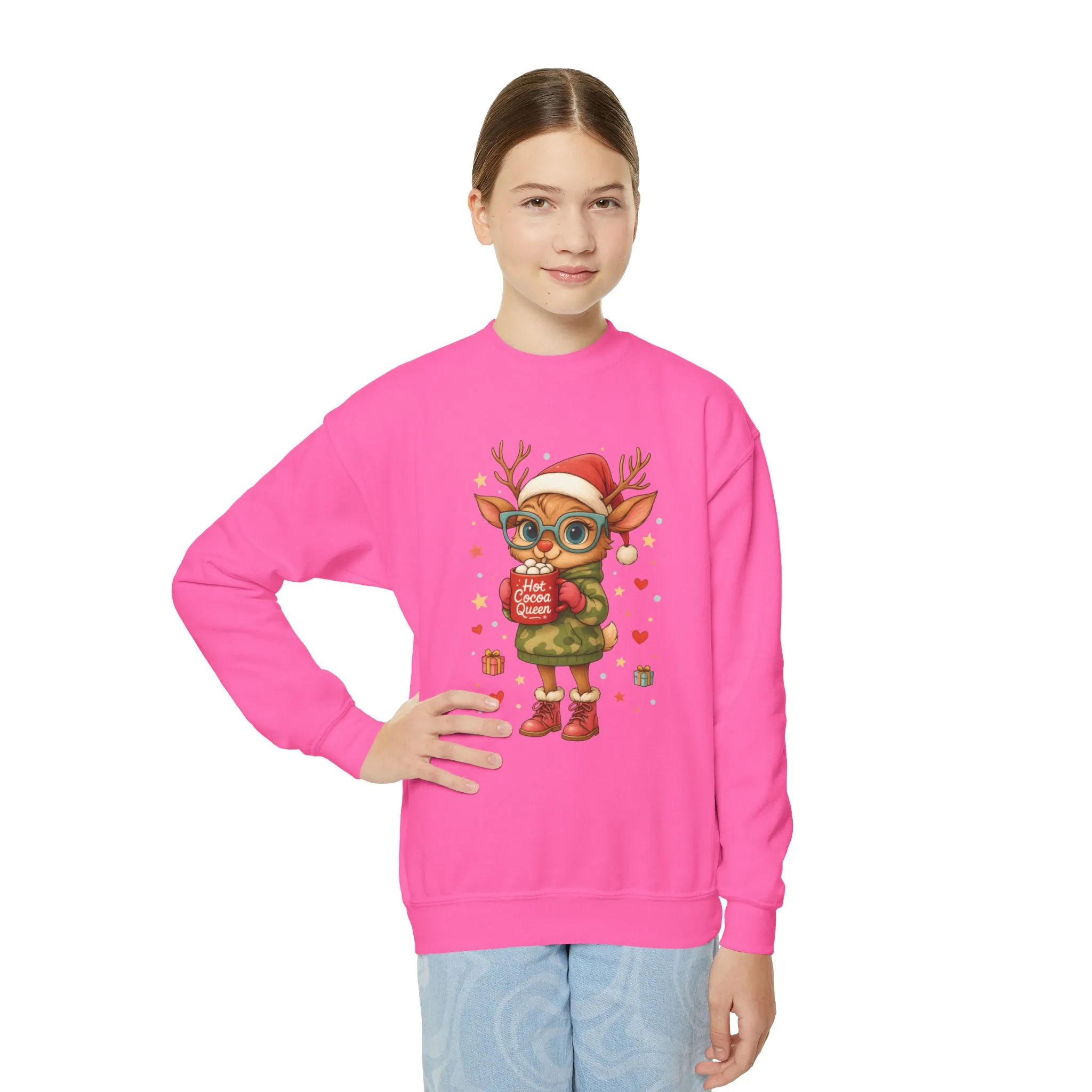 Hot Cocoa Queen Christmas Sweatshirt for Girls, Cute Holiday Reindeer Jumper - Image 16