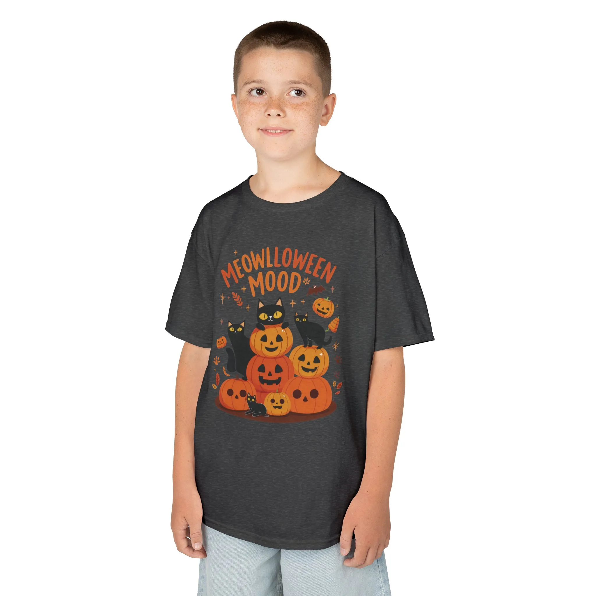 Meowlloween Mood Kids Shirt, Cute Black Cat Halloween T-Shirt for Girls and Boys, Funny Pumpkin Cat Tee, Cozy Fall Cat Lover Gift - Image 3