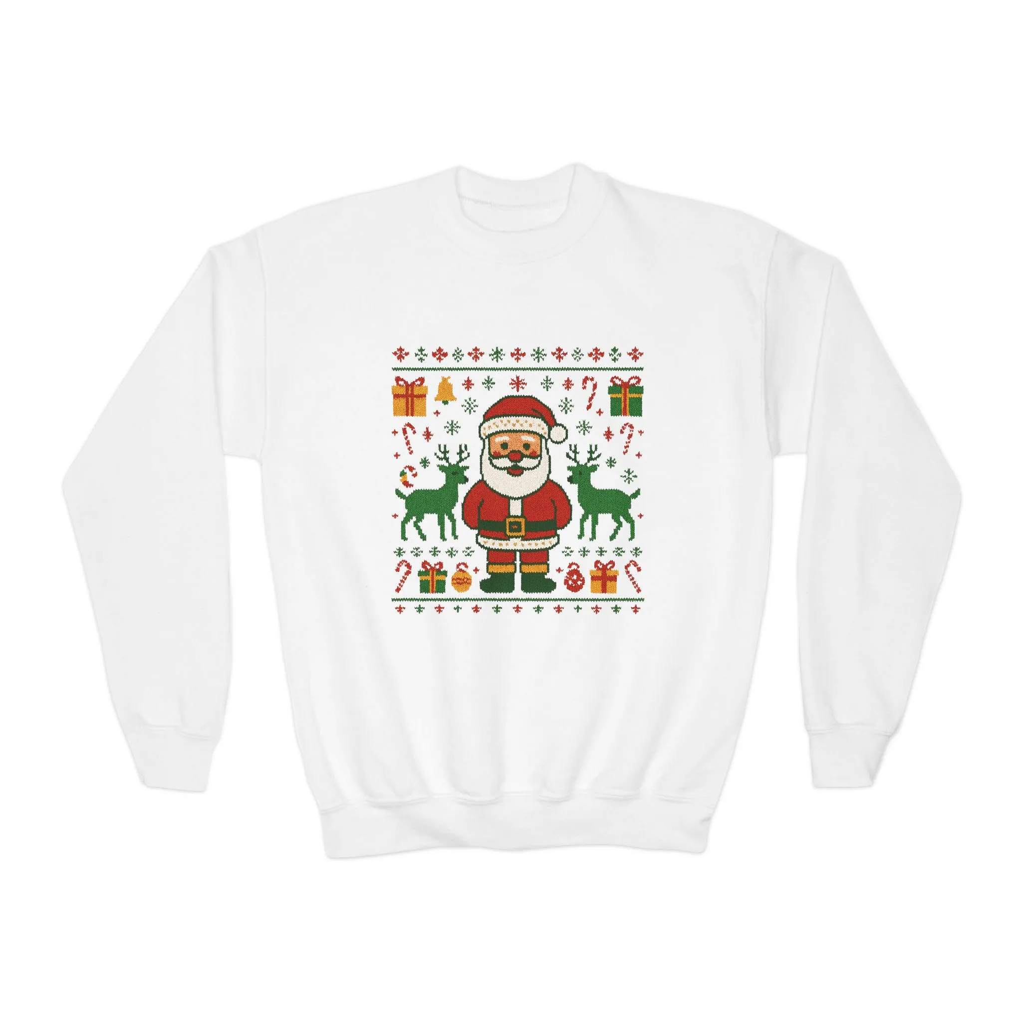 Kids Santa Christmas Shirt, Cute Knit Pattern Holiday Sweatshirt, Youth Crewneck Sweatshirt