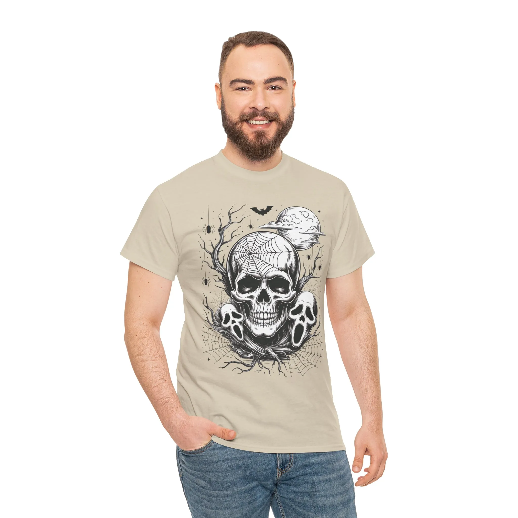 Men's Gothic Skull T-Shirt, Halloween Graphic Tee, Spider Web Moon Horror Shirt, Spooky Skull Graphic Top for Him - Image 5