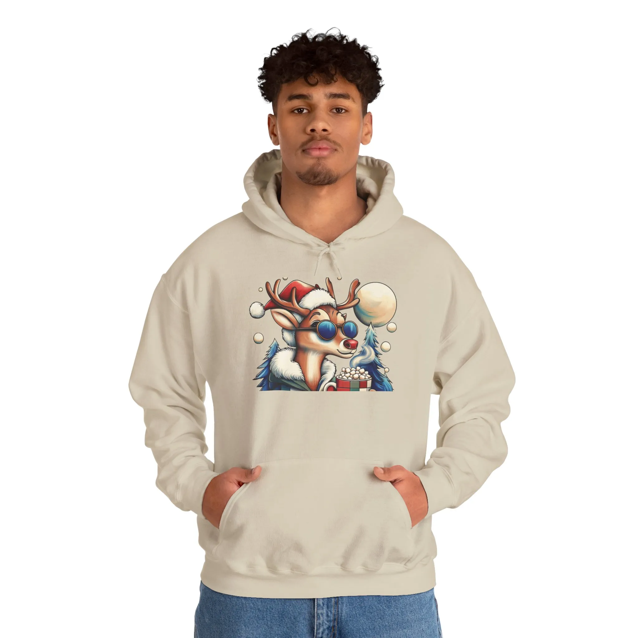 Cool Reindeer Christmas Hoodie, Funny Holiday Hot Cocoa Pullover for Men - Image 15