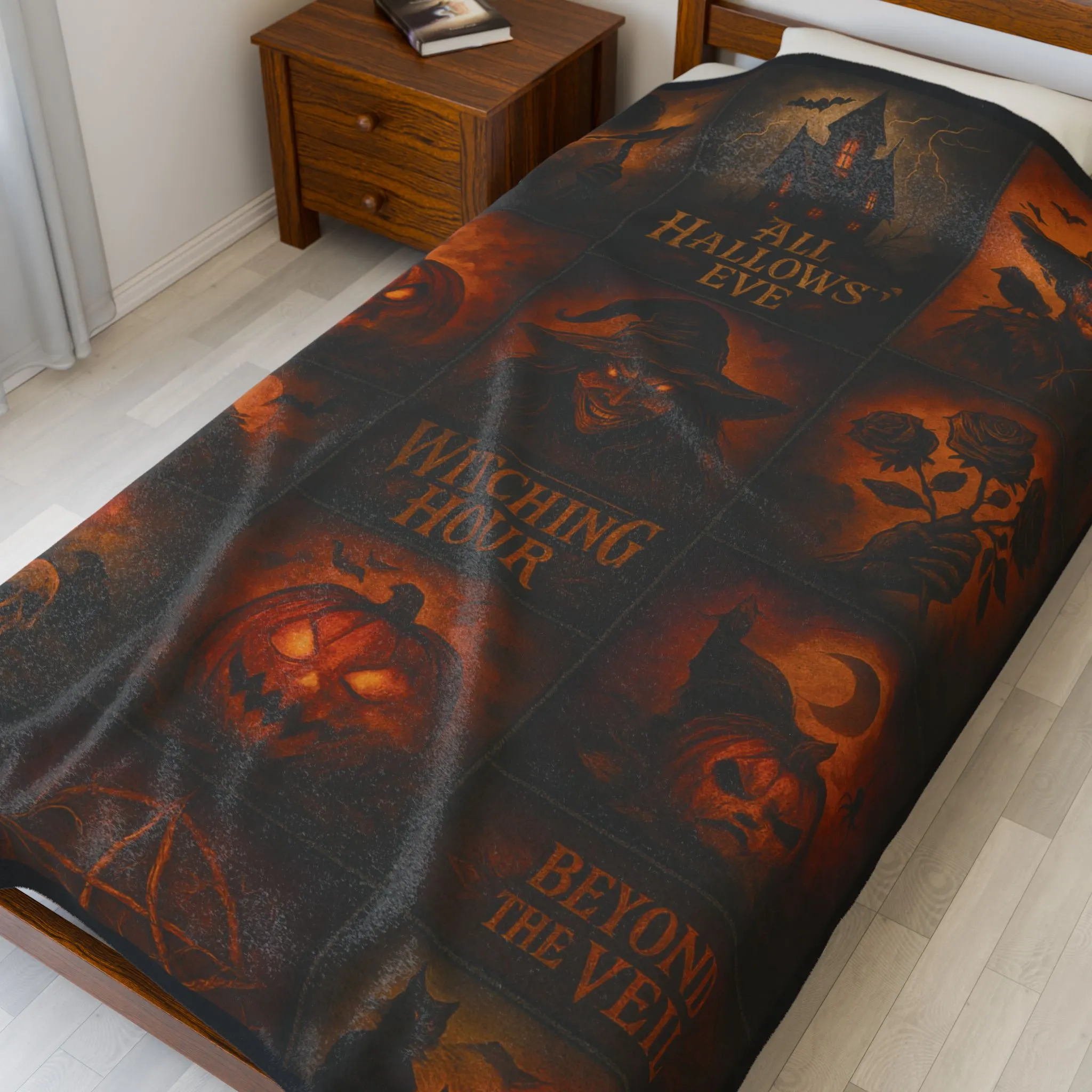 Gothic Halloween Velveteen Plush Blanket, Dark Fantasy Horror Throw, All Hallows Eve Witch Pumpkin Skull Blanket, Spooky Gothic Home Decor - Image 2