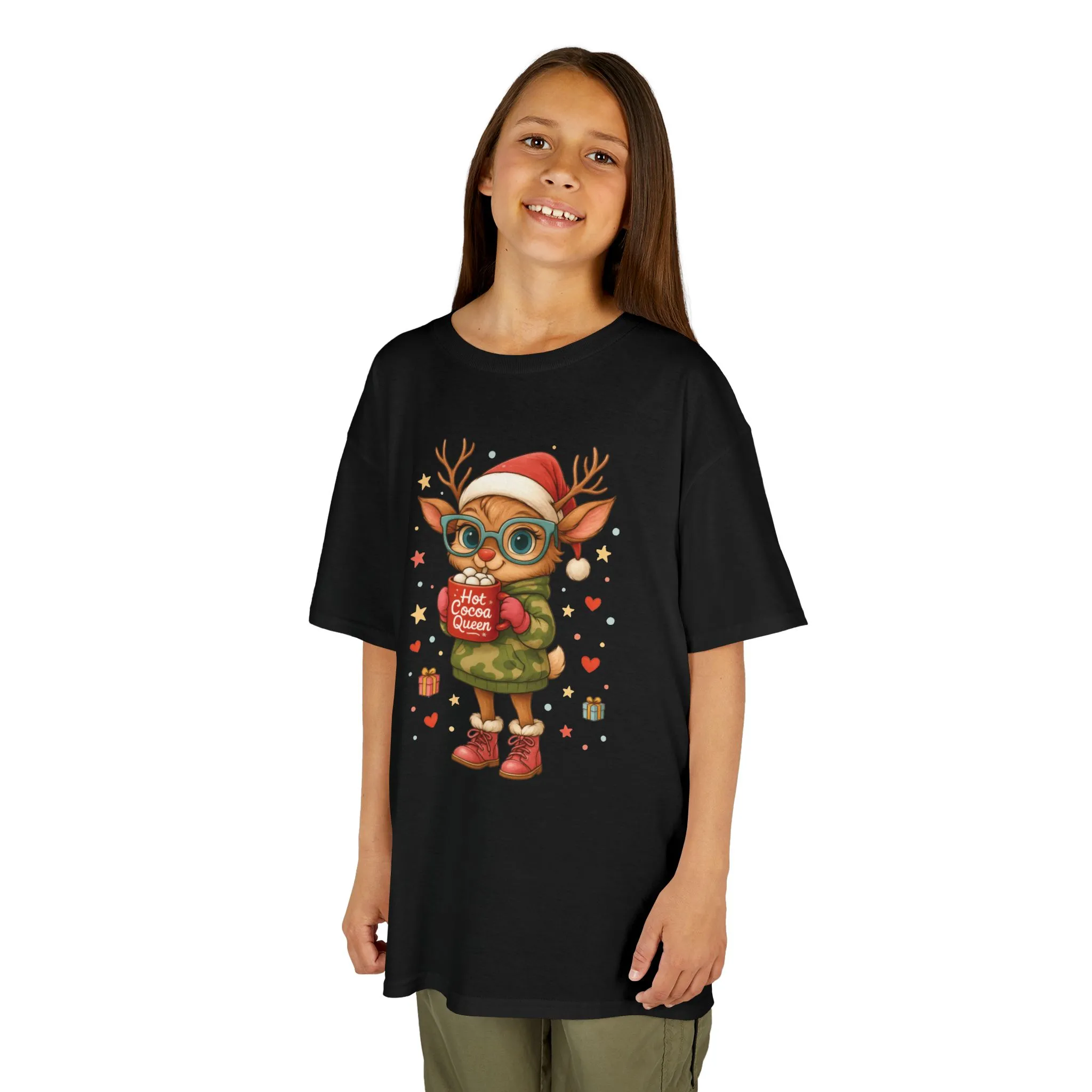 Hot Cocoa Queen Christmas T-Shirt for Girls, Cute Holiday Reindeer Tee - Image 8