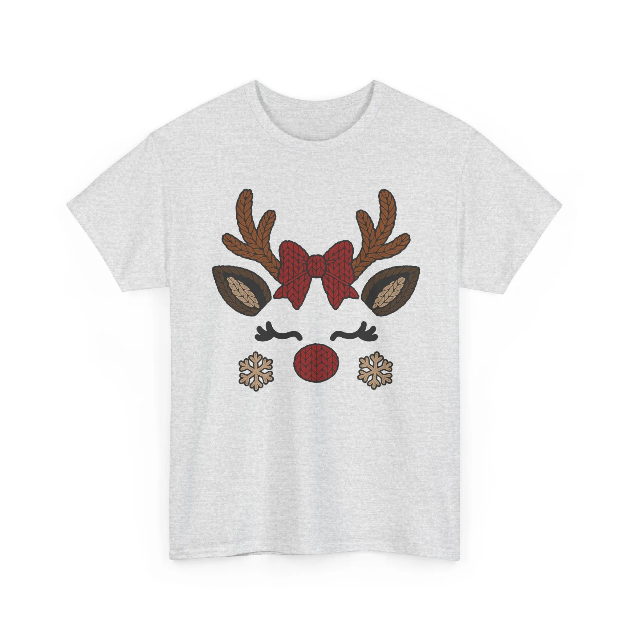 Women's Reindeer Face Christmas T-Shirt, Cute Knitted Holiday Tee, Mother-Daughter Matching Outfit - Image 4