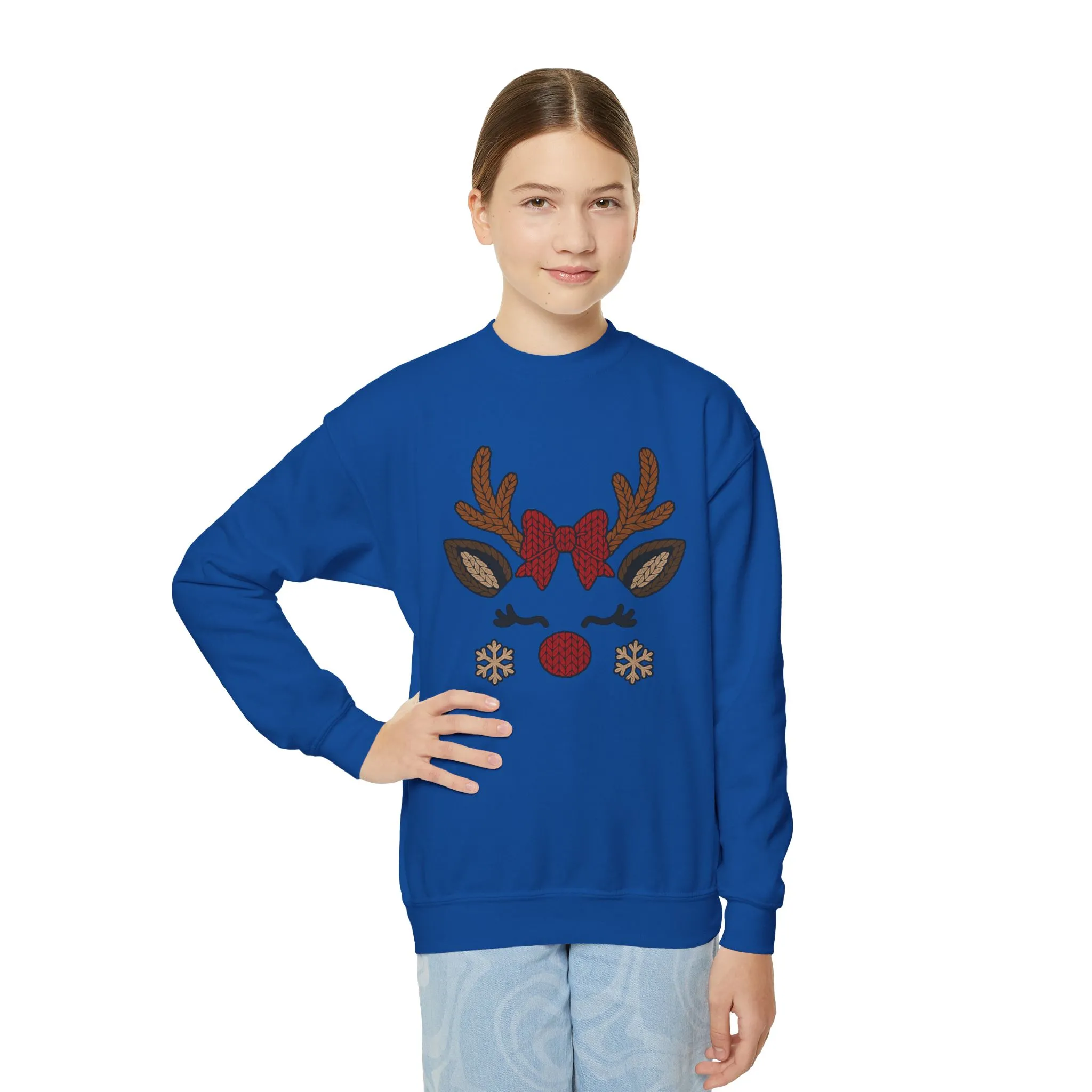 Girls Reindeer Face Christmas Sweatshirt, Cute Knitted Holiday Pullover, Mother-Daughter Matching Outfit - Image 8