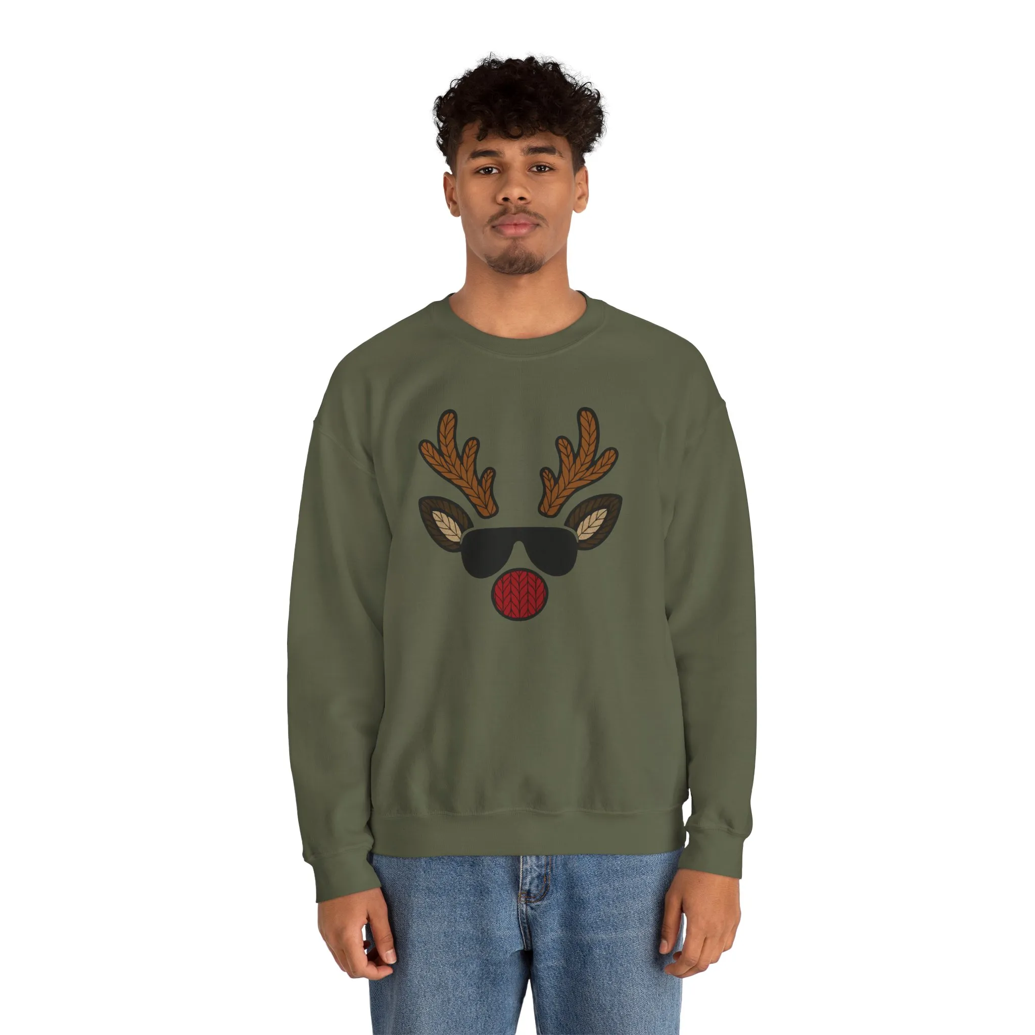 Men's Reindeer Face Christmas Sweatshirt, Classic Knitted Reindeer Design, Father-Son Matching Holiday Outfit - Image 8