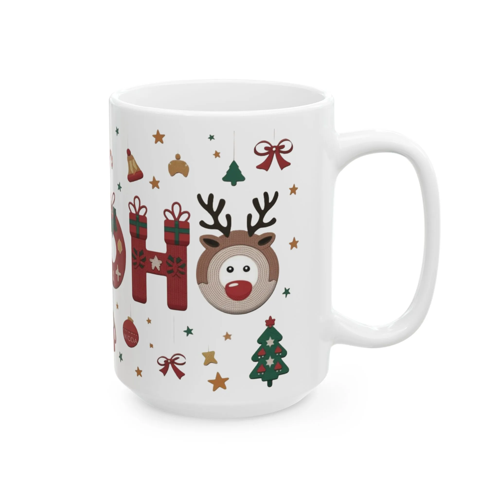 Ho Ho Ho Christmas Mug, Cute Holiday Coffee Cup, Festive Reindeer Knit Design, Xmas Gift for Her & Him, Ceramic Mug (15oz)