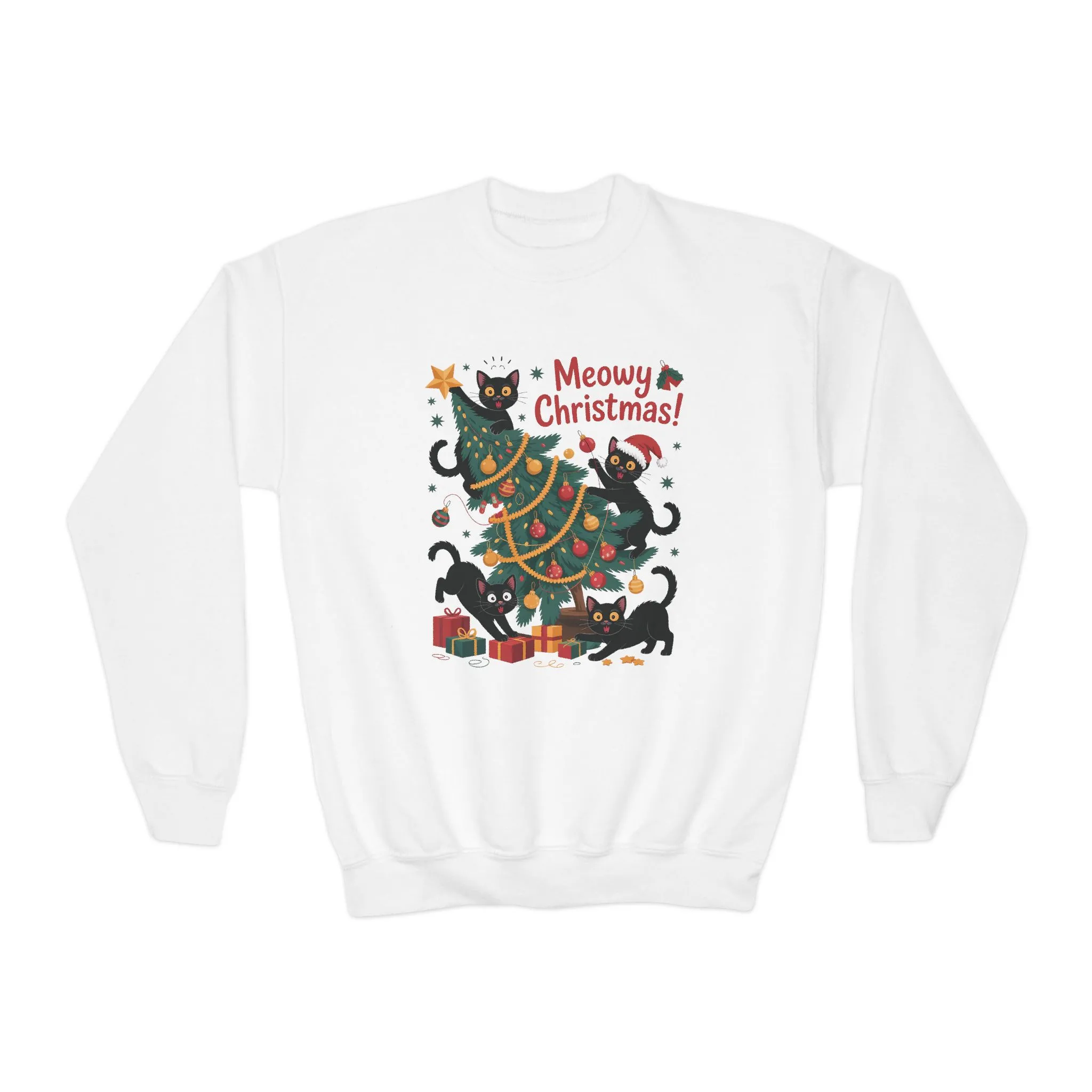 Kids Black Cats Christmas Tree Sweatshirt, Cute Funny Cat Holiday Jumper, Christmas Cat Chaos Pullover - Image 4