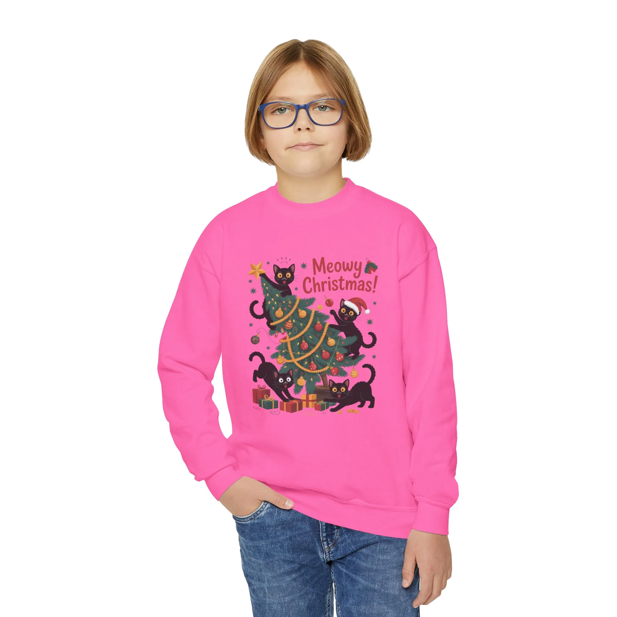 Kids Black Cats Christmas Tree Sweatshirt, Cute Funny Cat Holiday Jumper, Christmas Cat Chaos Pullover - Image 20